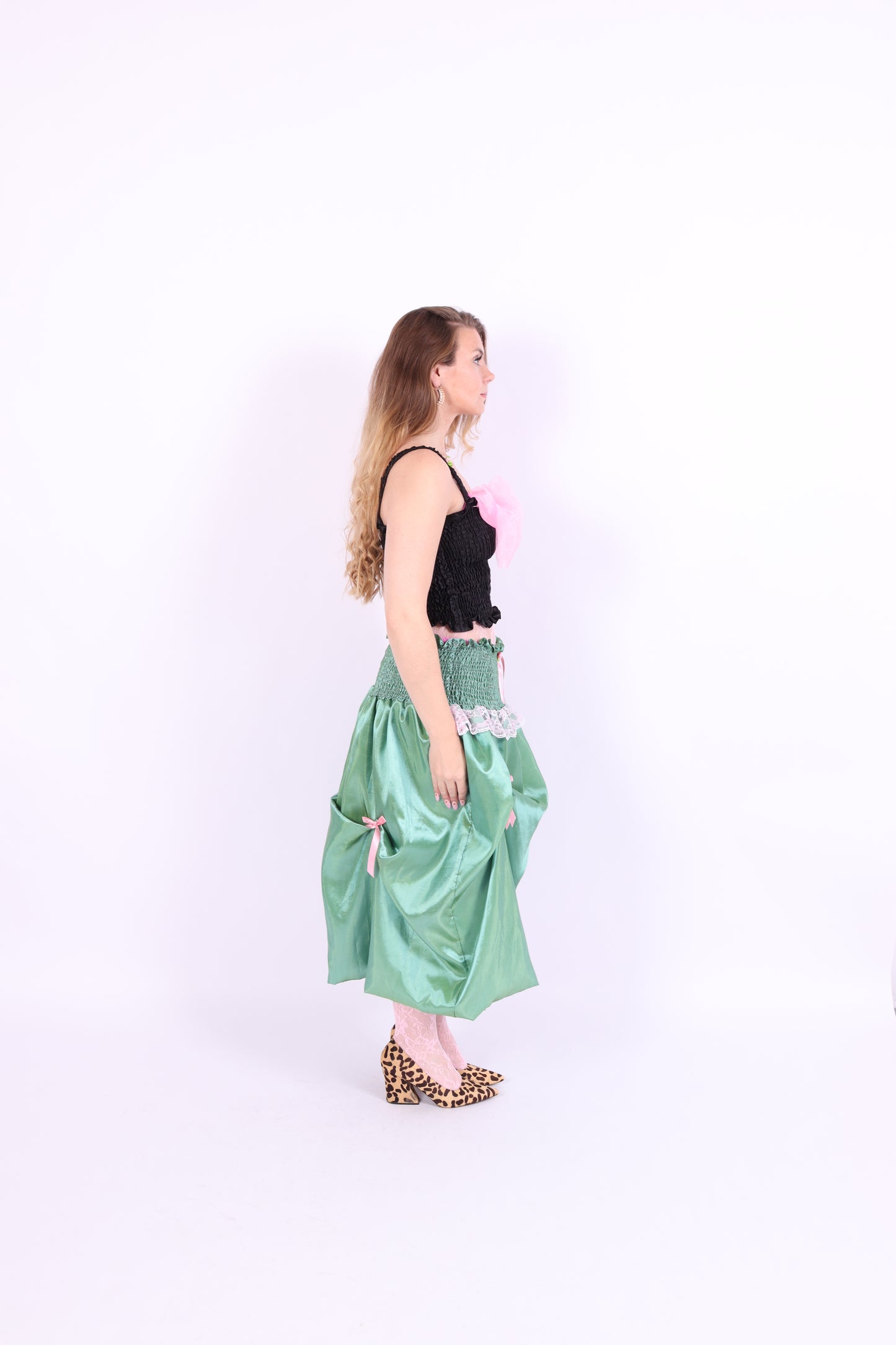 green taffeta midi bubble skirt with pink black and pink bows - desiree bubble midi skirt - delta of phoenix