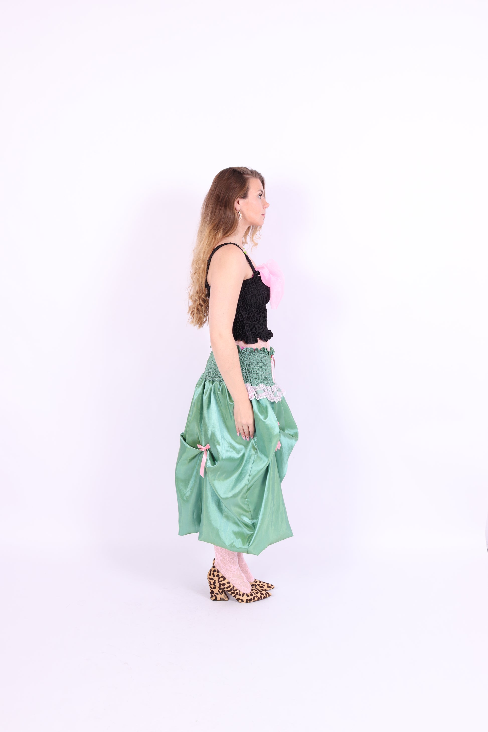 green taffeta midi bubble skirt with pink black and pink bows - desiree bubble midi skirt - delta of phoenix