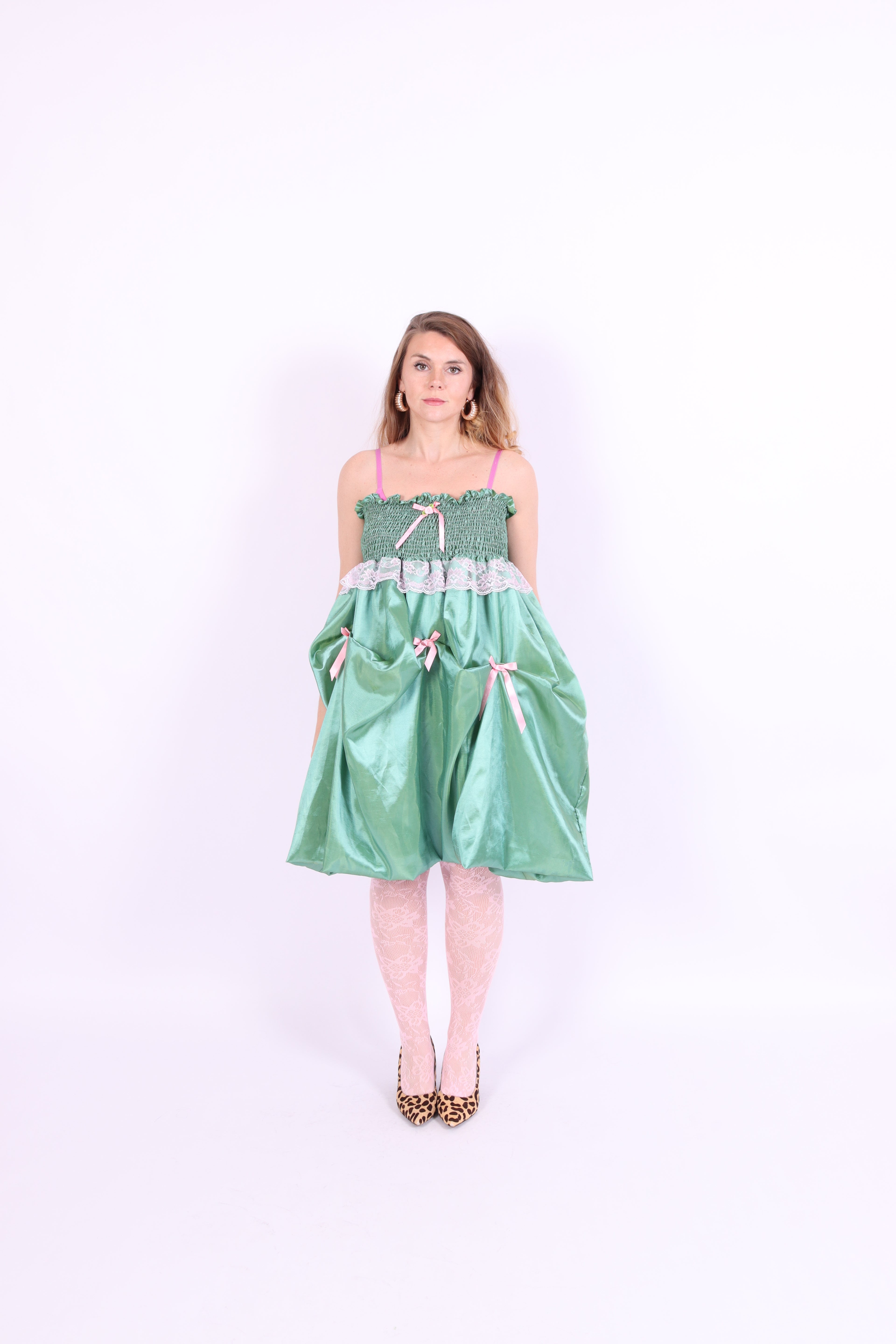 green taffeta midi bubble skirt with pink black and pink bows - desiree bubble midi skirt - delta of phoenix - worn as dress