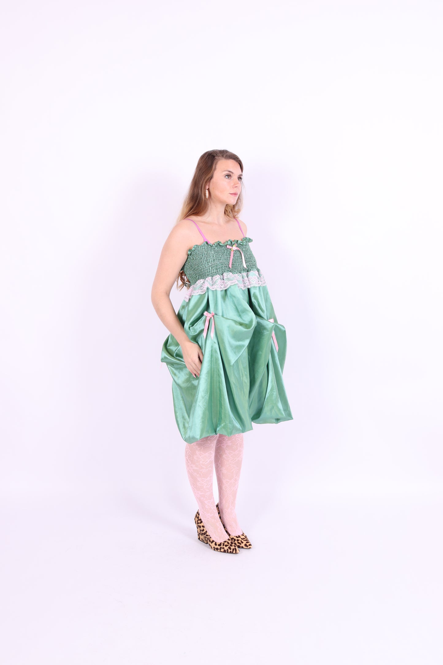 green taffeta midi bubble skirt with pink black and pink bows - desiree bubble midi skirt - delta of phoenix - worn as dress