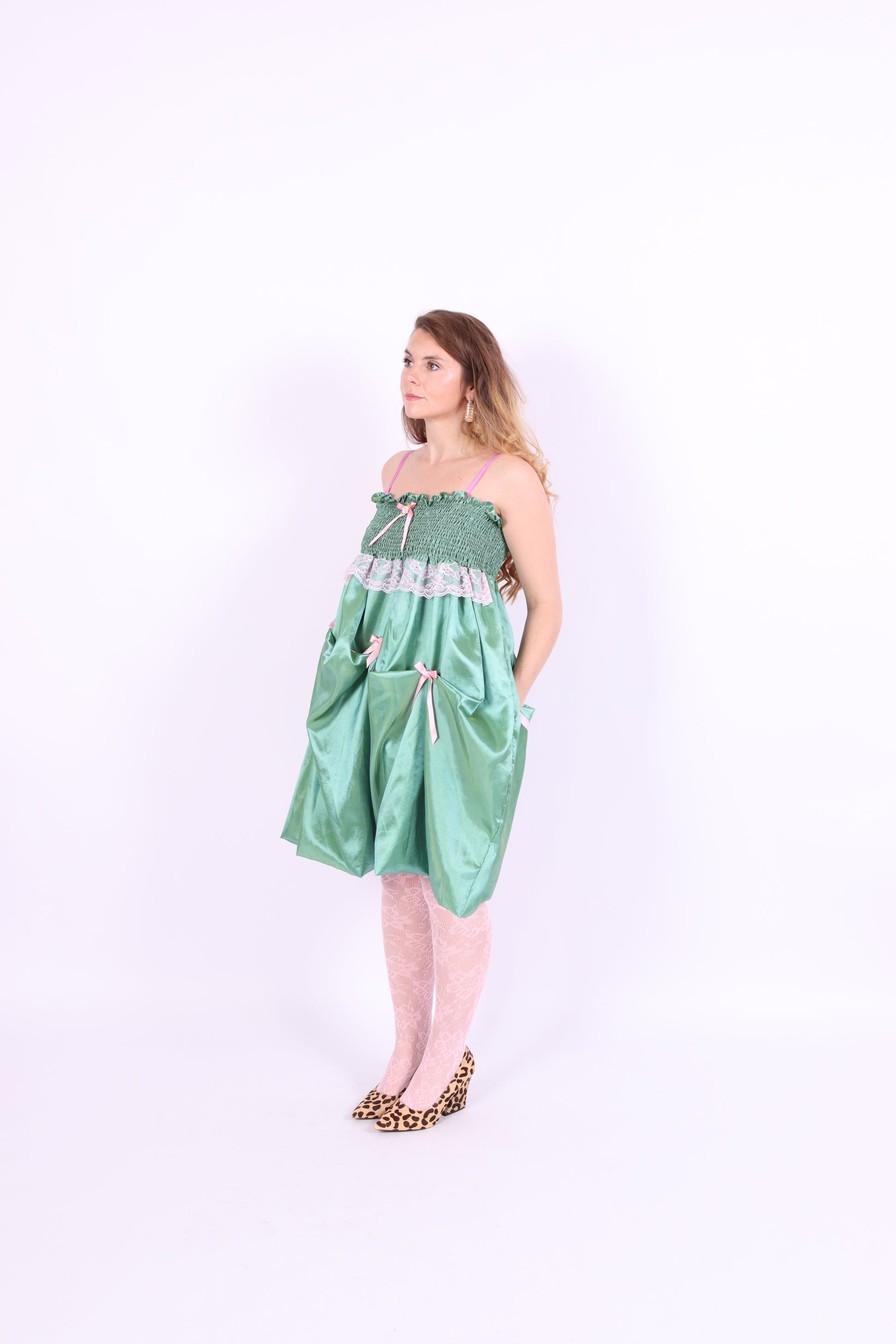 green taffeta midi bubble skirt with pink black and pink bows - desiree bubble midi skirt - delta of phoenix - worn as dress