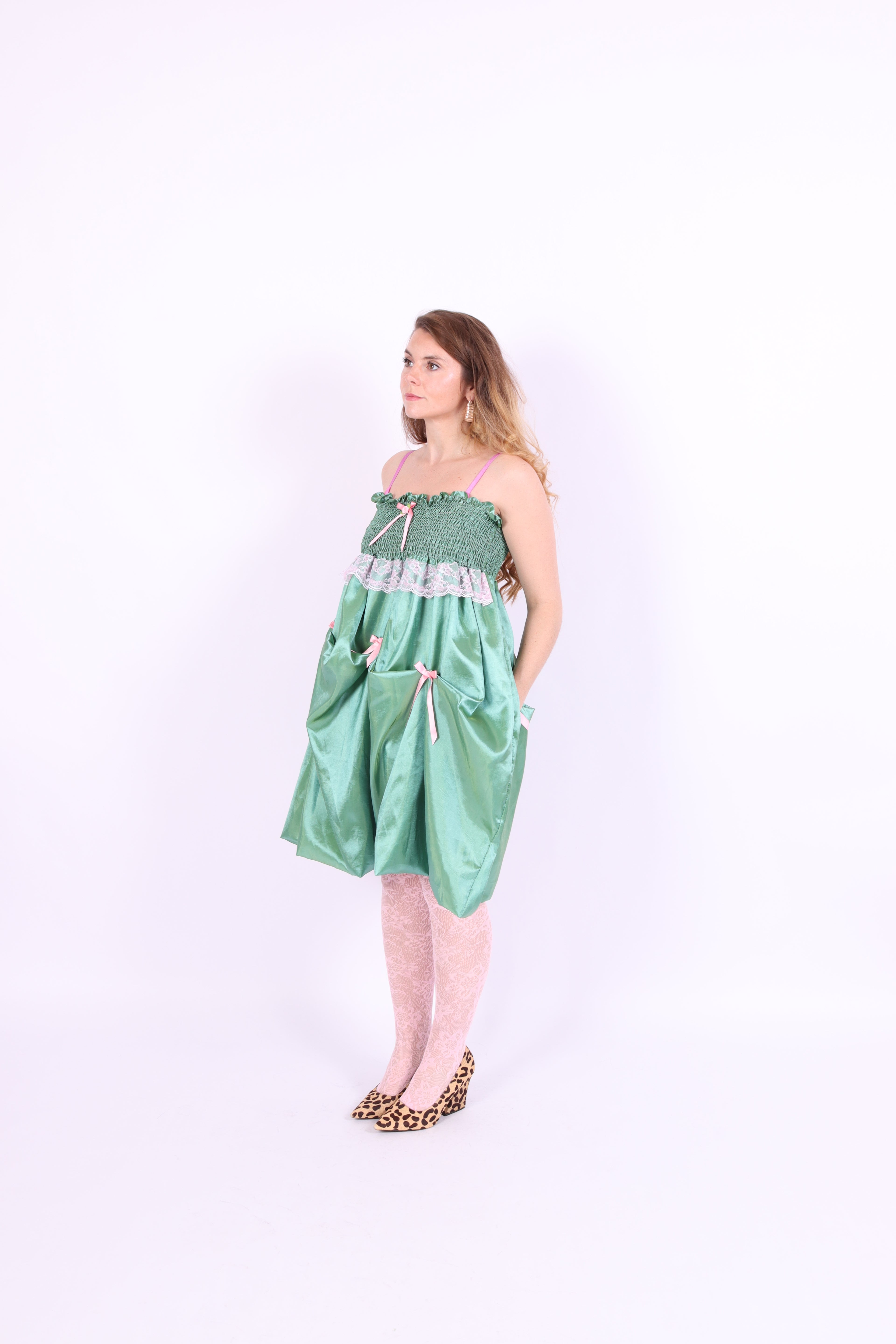 green taffeta midi bubble skirt with pink black and pink bows - desiree bubble midi skirt - delta of phoenix - worn as dress