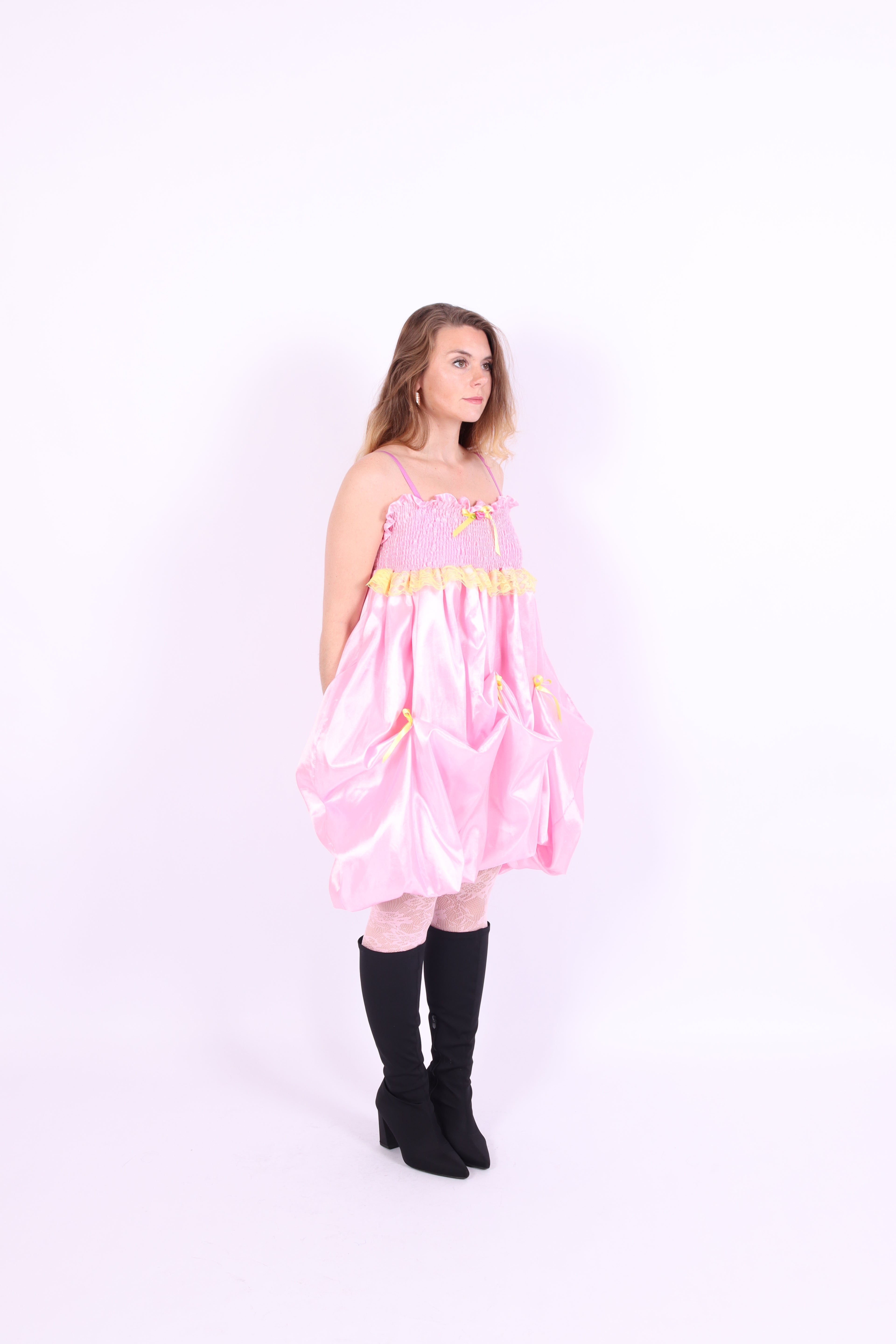 Baby pink midi bubble skirt with yellow lace and yellow bows - Dafne Midi Skirt - Delta Of Phoenix - worn as dress