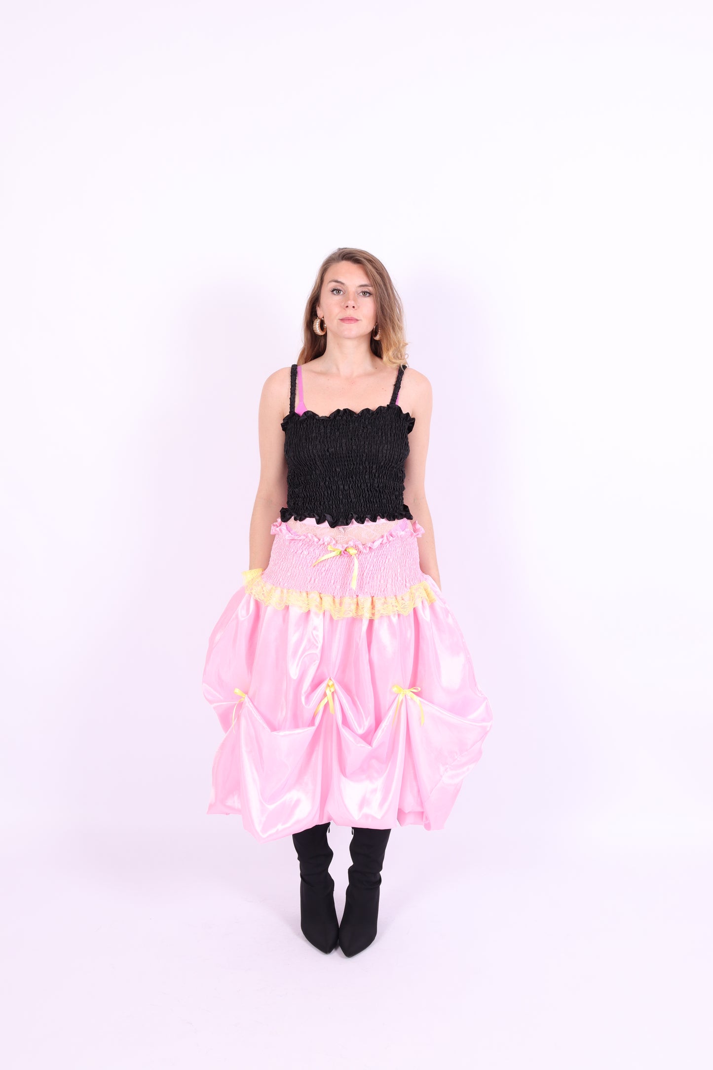Baby pink midi bubble skirt with yellow lace and yellow bows - Dafne Midi Skirt - Delta Of Phoenix