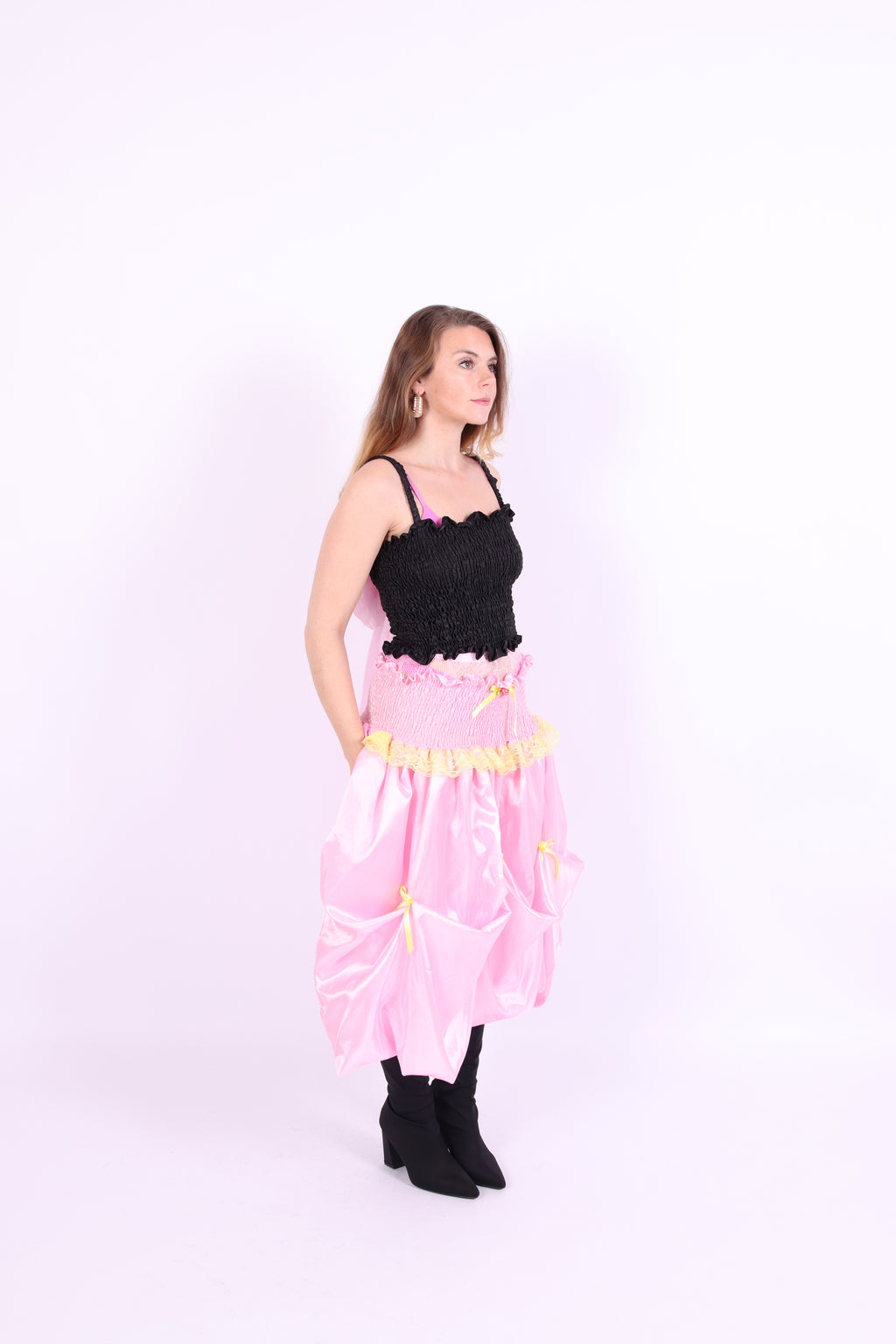Baby pink midi bubble skirt with yellow lace and yellow bows - Dafne Midi Skirt - Delta Of Phoenix