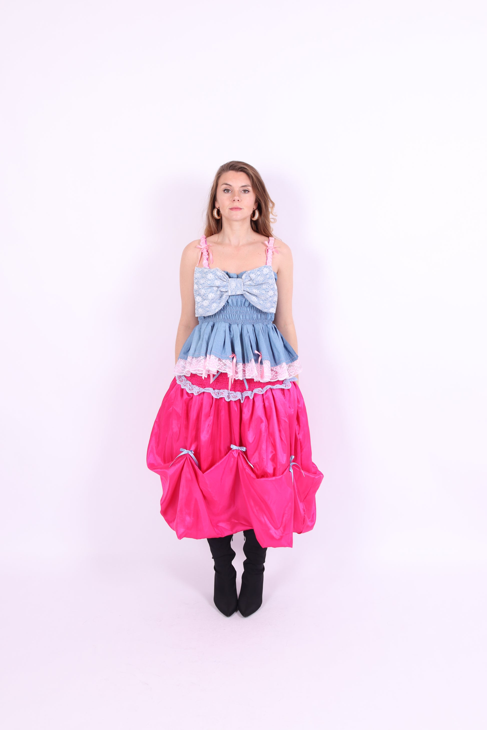 Denim blue bow top with a large white lace bow and pink bows on straps. Gitta Bow Top - Delta Of Phoenix