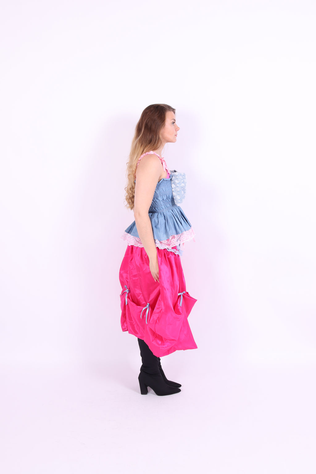 Denim blue bow top with a large white lace bow and pink bows on straps. Gitta Bow Top - Delta Of Phoenix