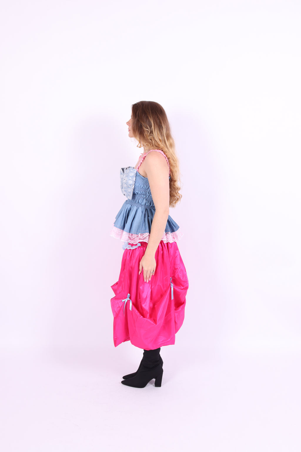 Denim blue bow top with a large white lace bow and pink bows on straps. Gitta Bow Top - Delta Of Phoenix