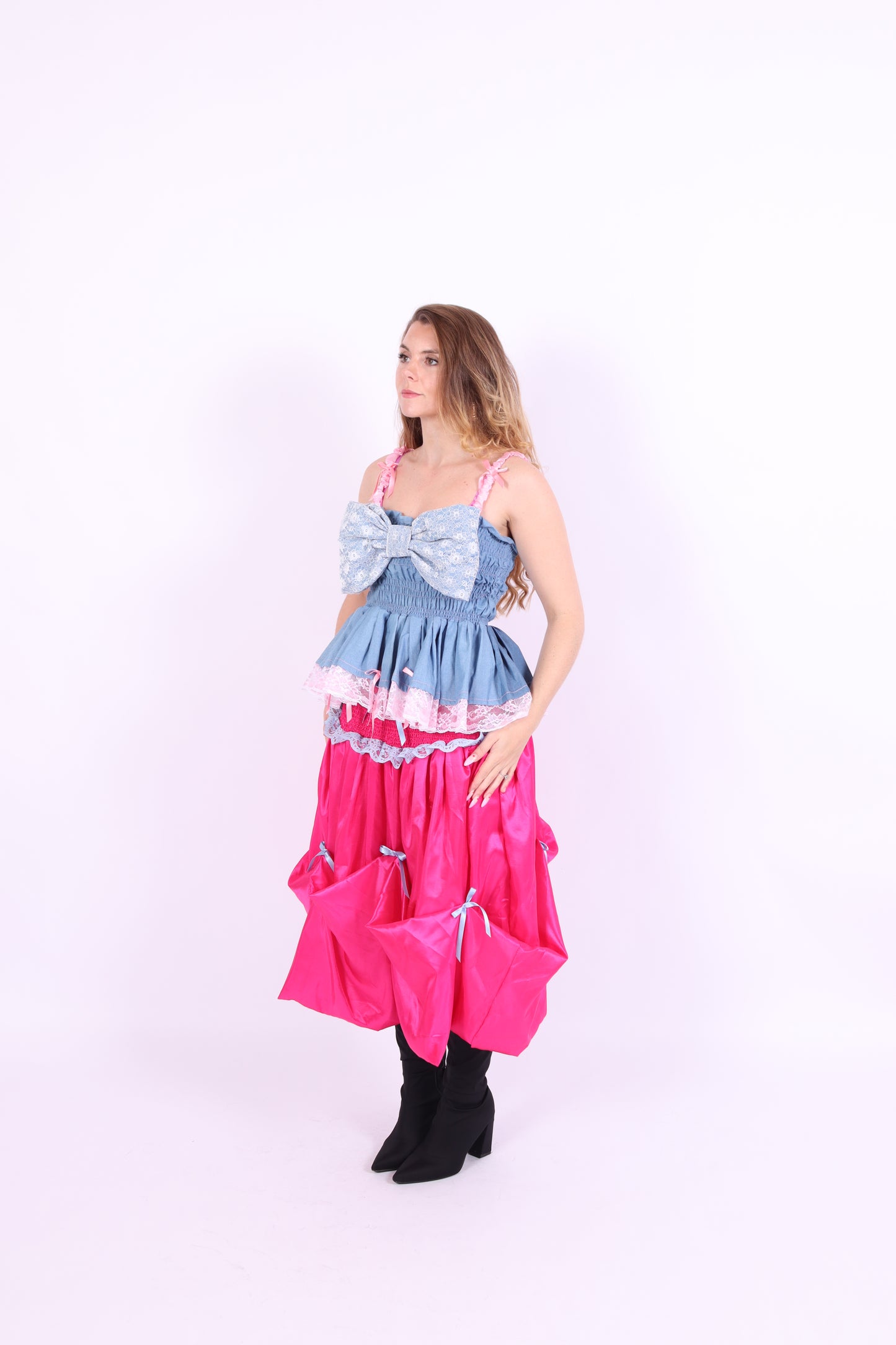 Denim blue bow top with a large white lace bow and pink bows on straps. Gitta Bow Top - Delta Of Phoenix