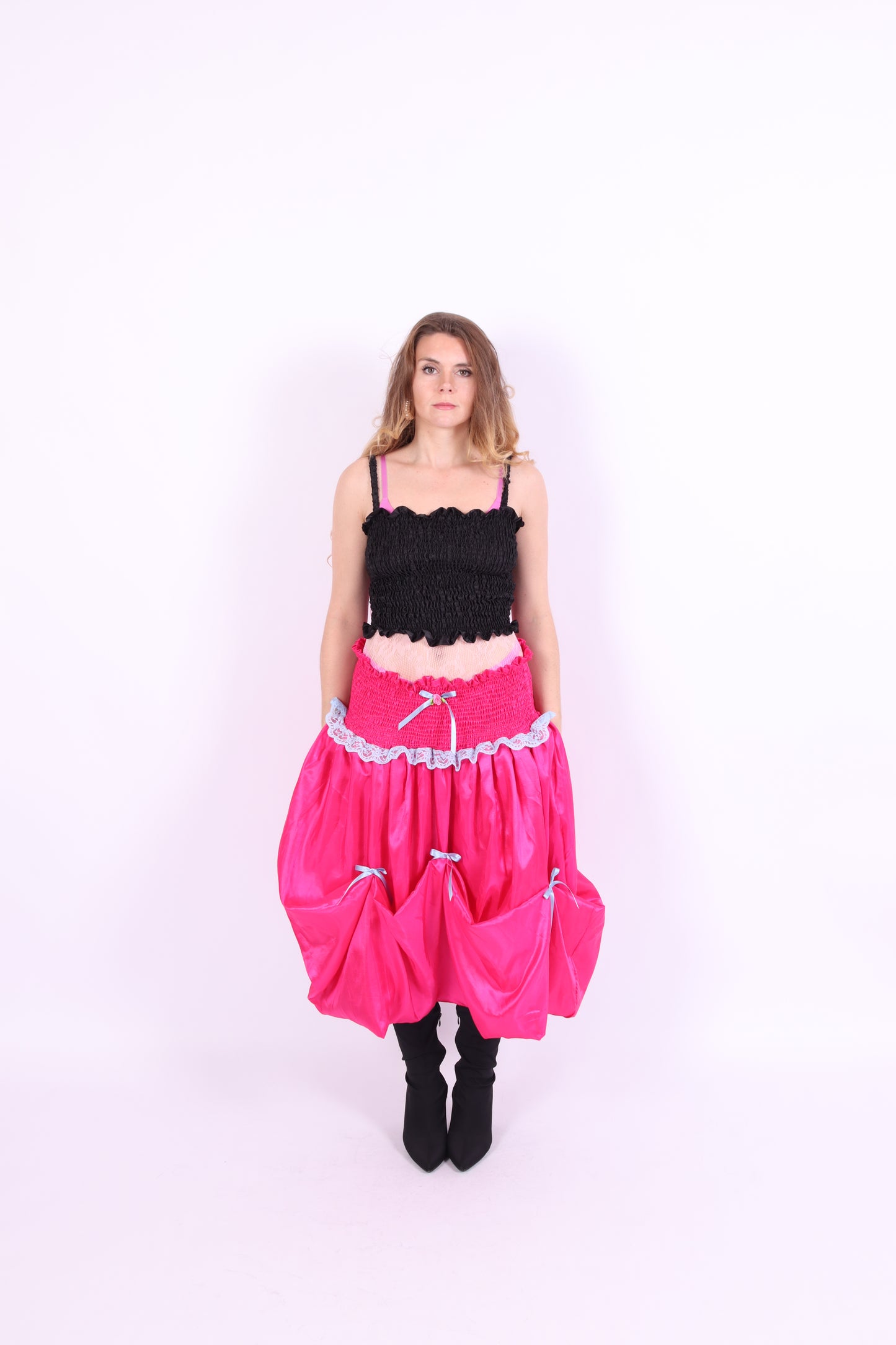 Mid pink taffeta bubble midi skirt with blue bows and blue lace - Dolores Midi Skirt - Delta Of Phoenix
