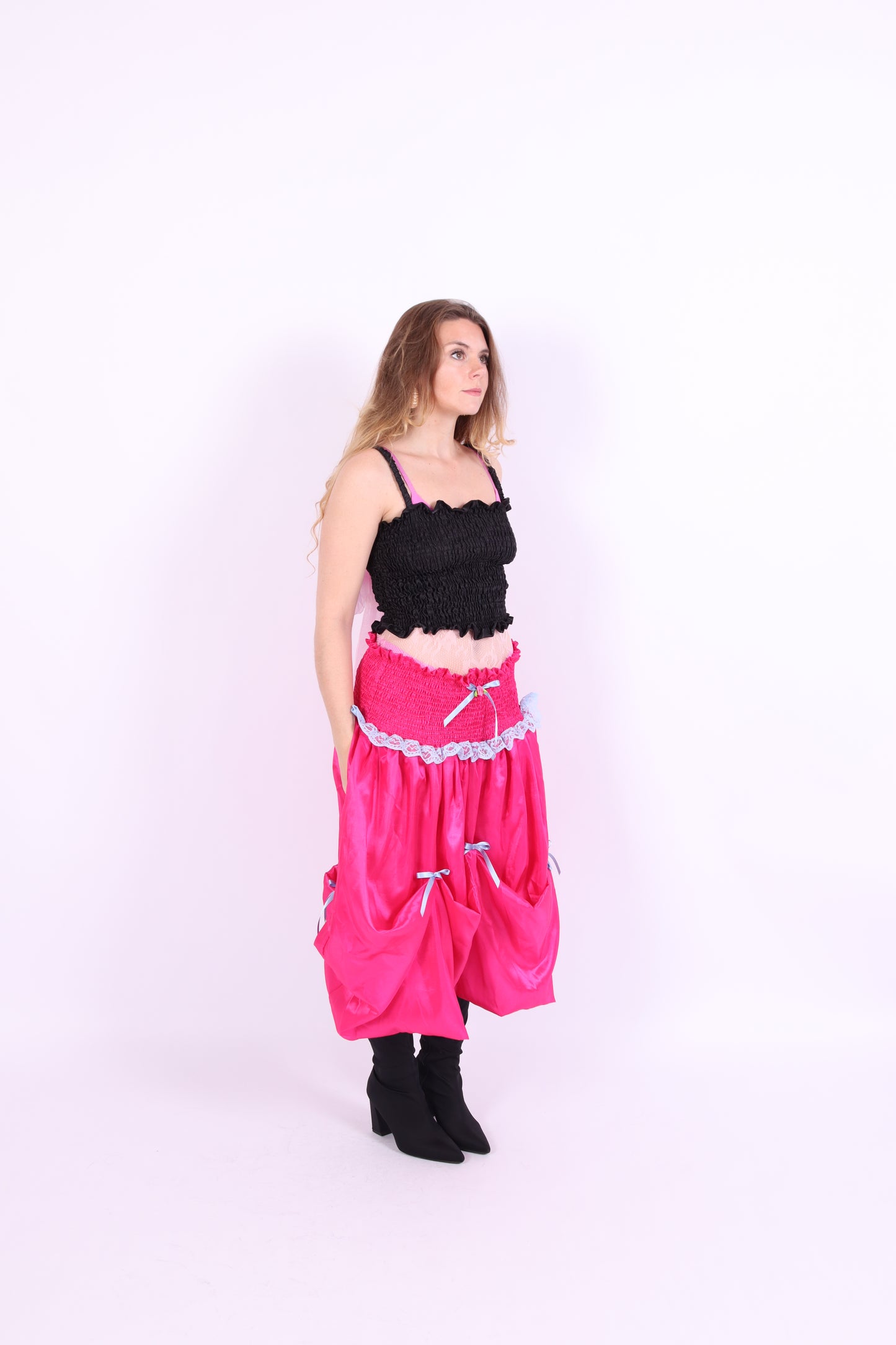 Mid pink taffeta bubble midi skirt with blue bows and blue lace - Dolores Midi Skirt - Delta Of Phoenix