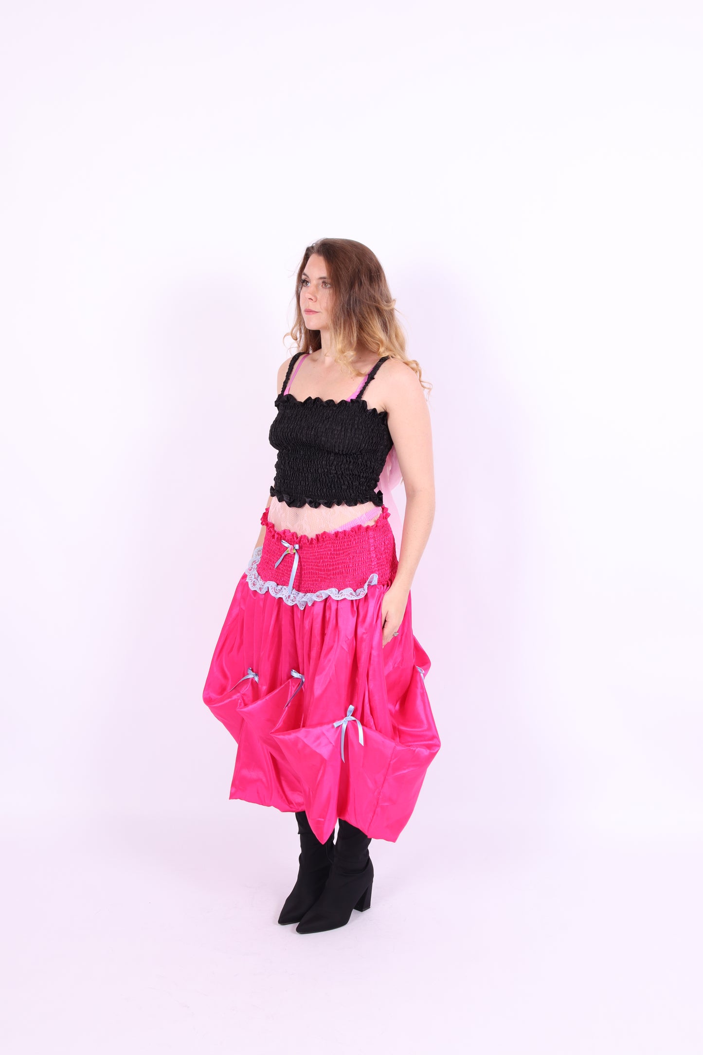 Mid pink taffeta bubble midi skirt with blue bows and blue lace - Dolores Midi Skirt - Delta Of Phoenix