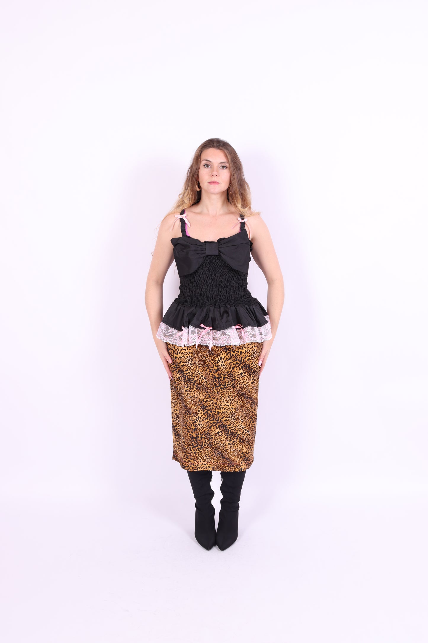 Black taffeta bow top with a large black bow with white lace and pink bows - Genophie Bow Top - Delta Of Phoenix