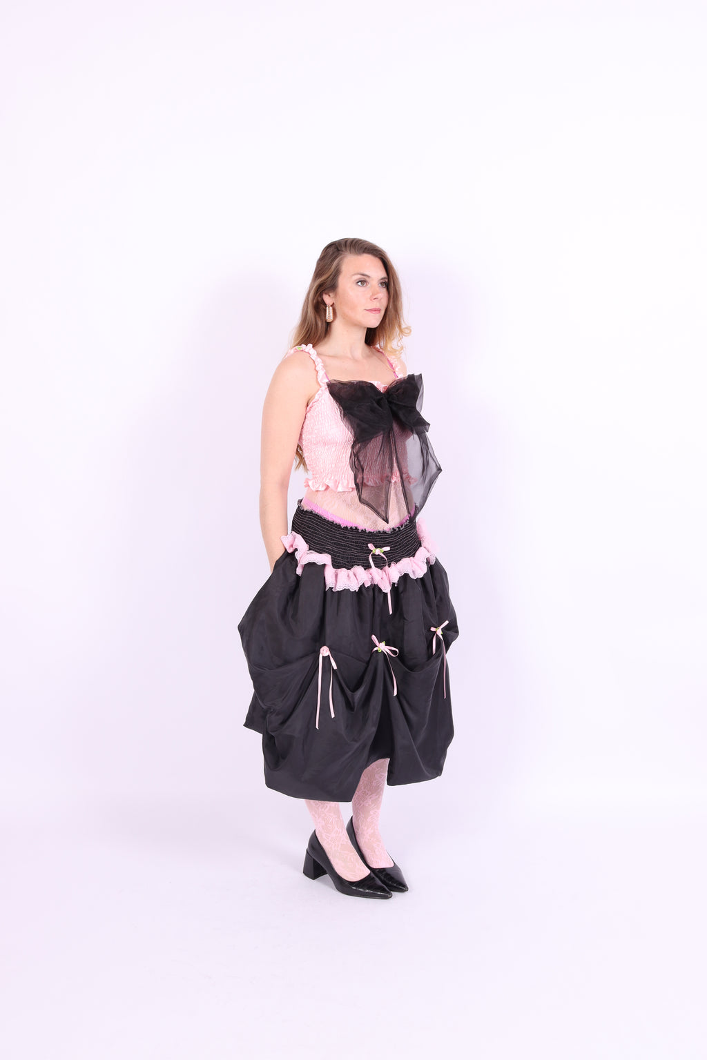 Black midi bubble skirt in black taffeta with pink lace and pink bows - Dahlia Midi Skirt - Delta Of Phoenix