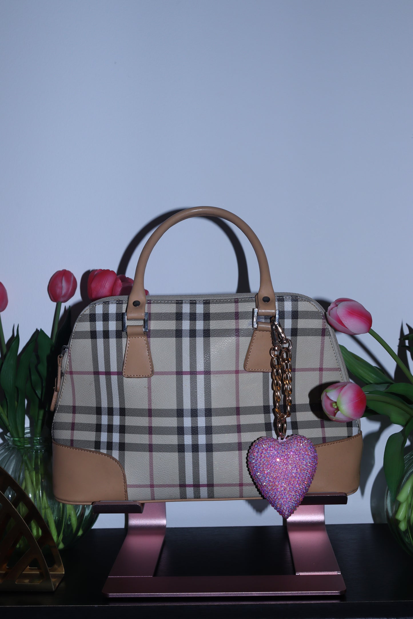 PINK HEART BAG CHARM - RHINESTONE - GOLD CHAIN - DELTA OF PHOENIX