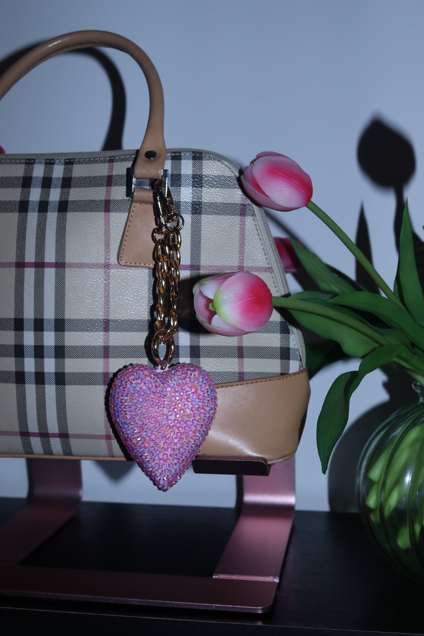 PINK HEART BAG CHARM - RHINESTONE - GOLD CHAIN - DELTA OF PHOENIX