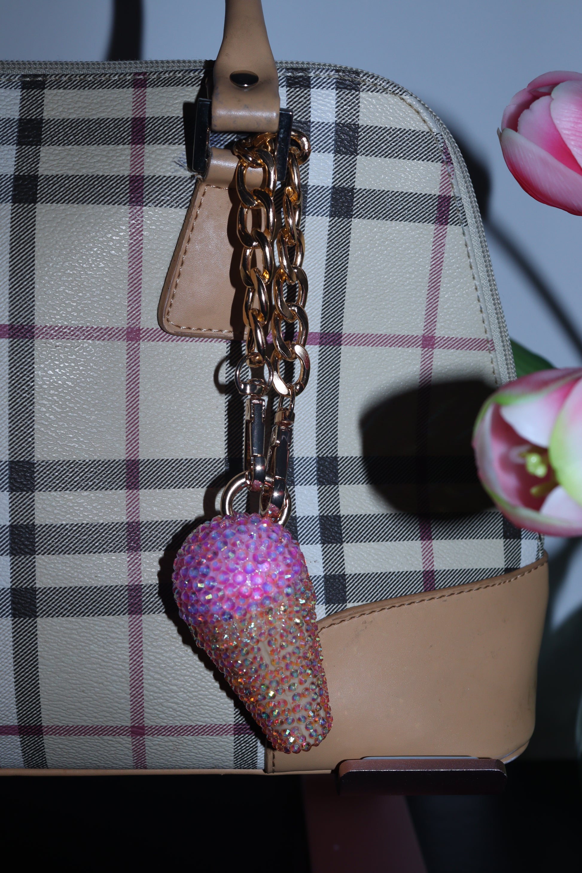 PINK ICE CREAM BAG CHARM - RHINESTONE - GOLD CHAIN - DELTA OF PHOENIX