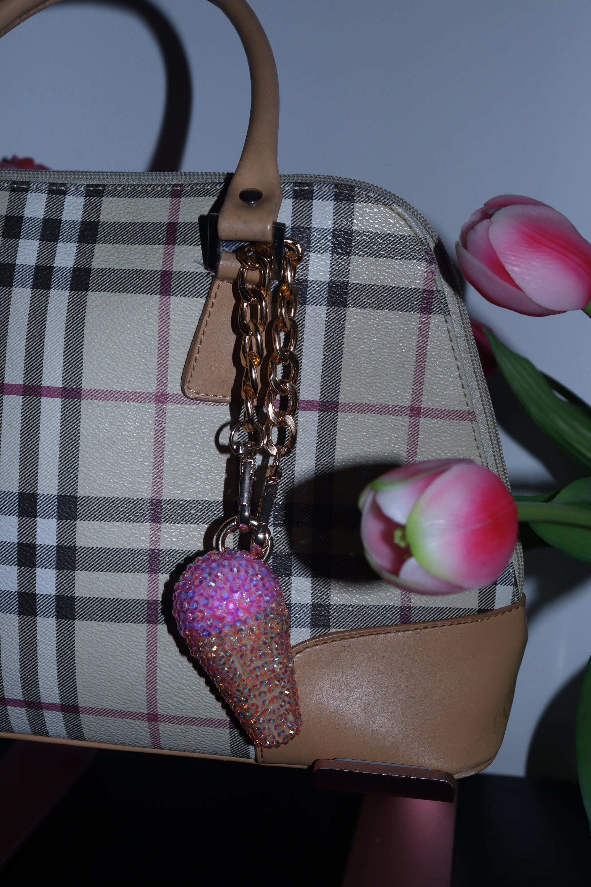 PINK ICE CREAM BAG CHARM - RHINESTONE - GOLD CHAIN - DELTA OF PHOENIX
