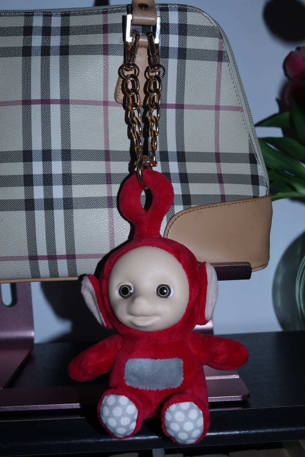 TELETUBBIES TOY RED BAG CHARM - RHINESTONE - GOLD CHAIN - DELTA OF PHOENIX