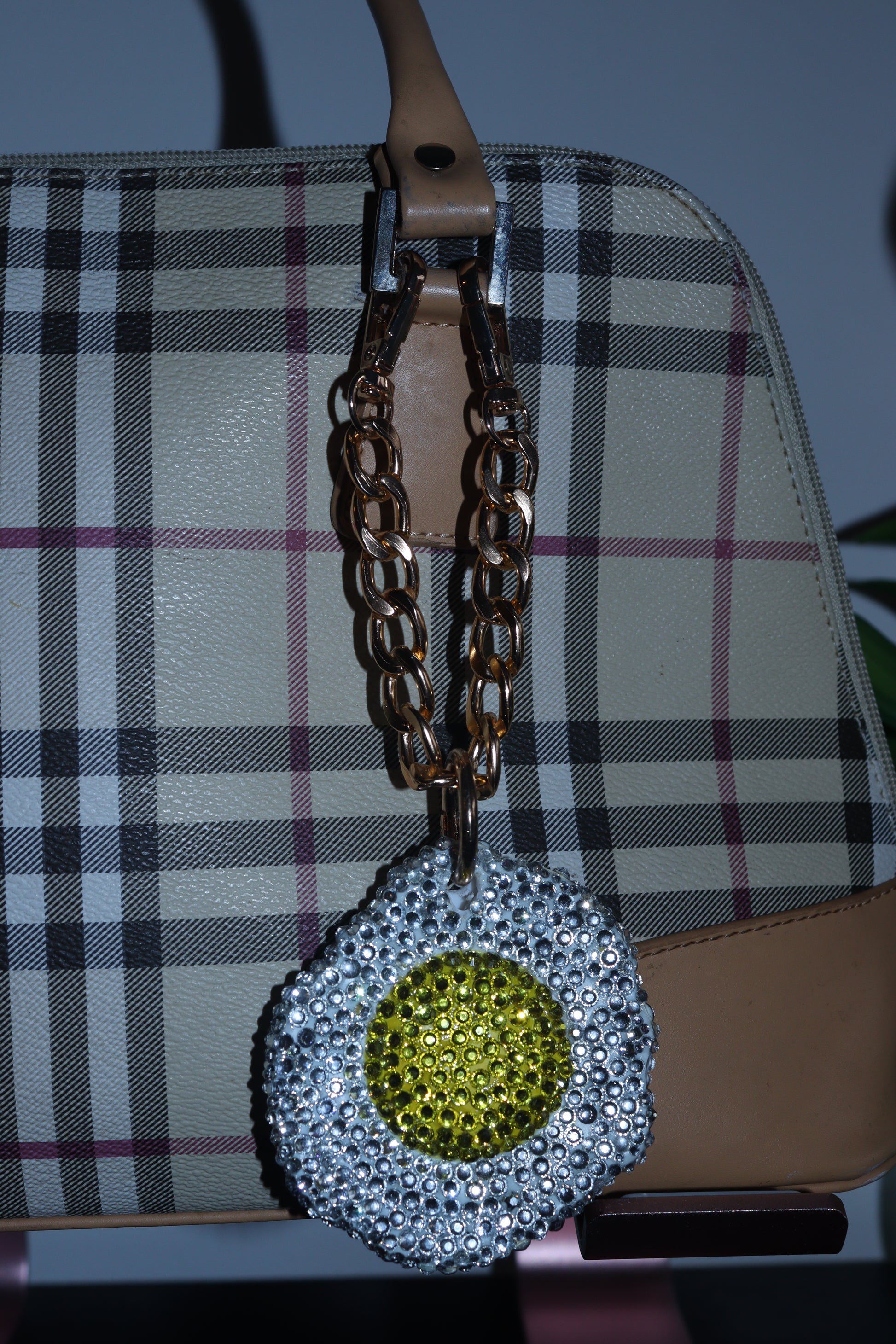 FRIED EGG BAG CHARM - RHINESTONE - GOLD CHAIN - DELTA OF PHOENIX