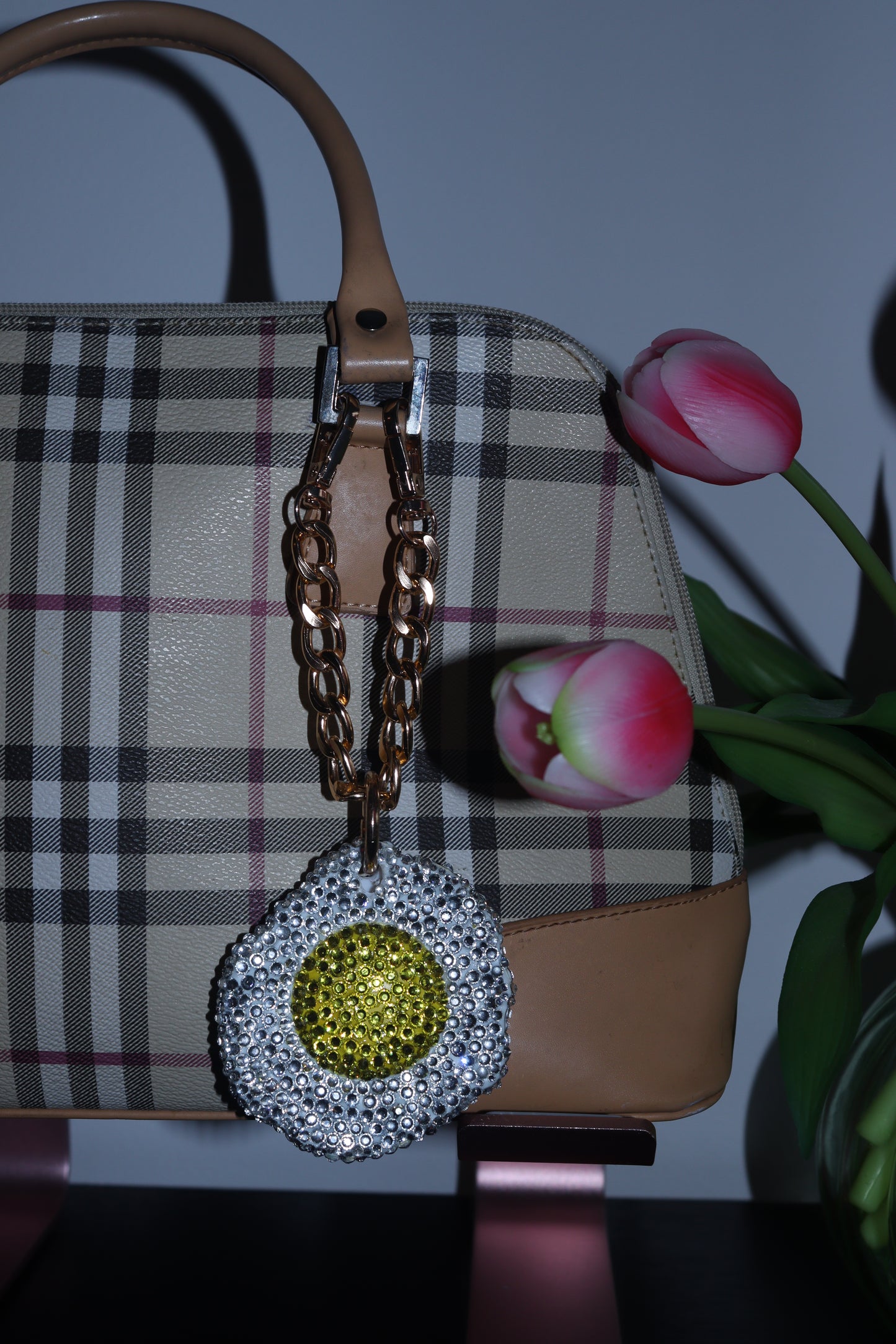 FRIED EGG BAG CHARM - RHINESTONE - GOLD CHAIN - DELTA OF PHOENIX