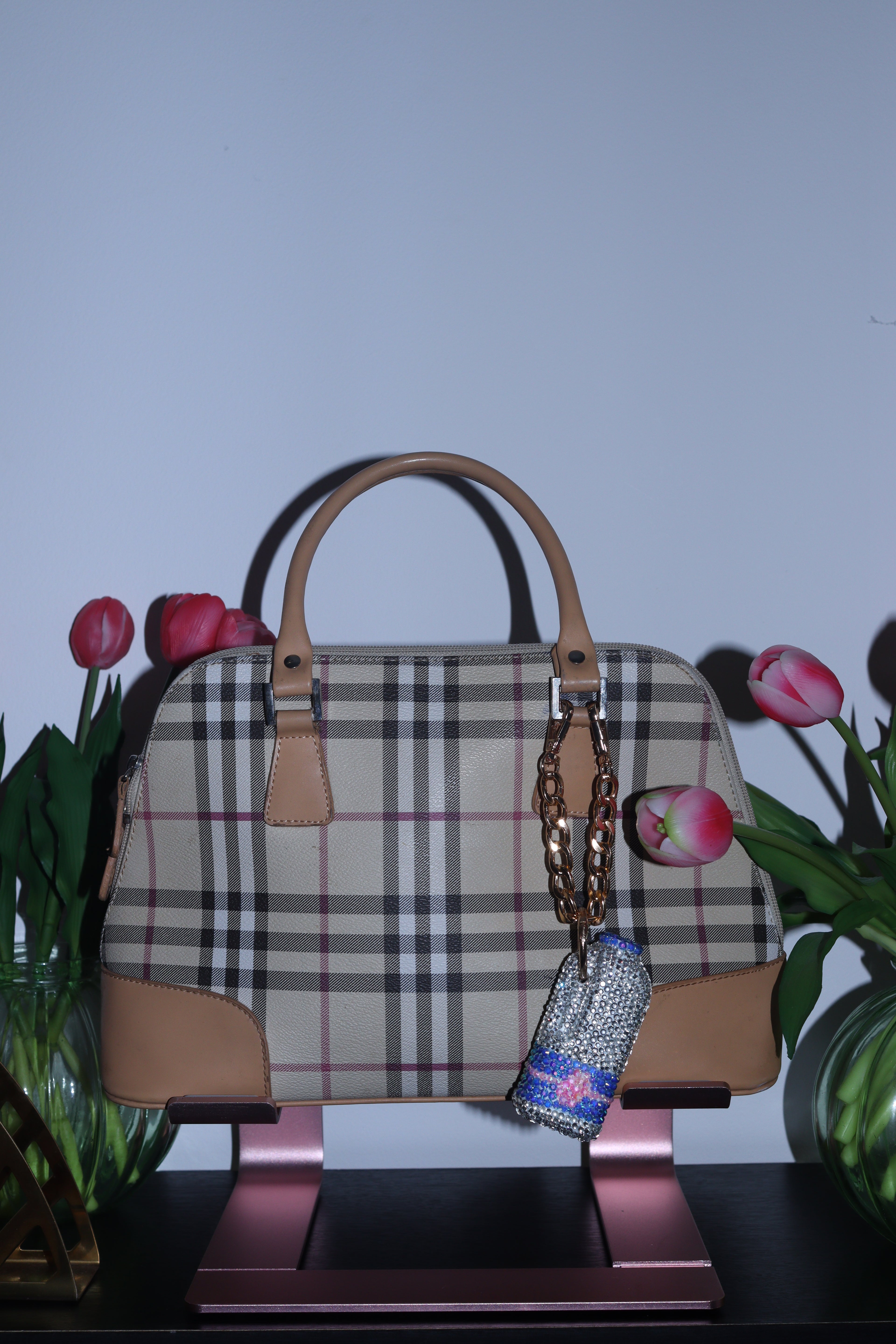 PINT OF MILK SILVER BLUE AND PINK BAG CHARM - RHINESTONE - GOLD CHAIN - DELTA OF PHOENIX