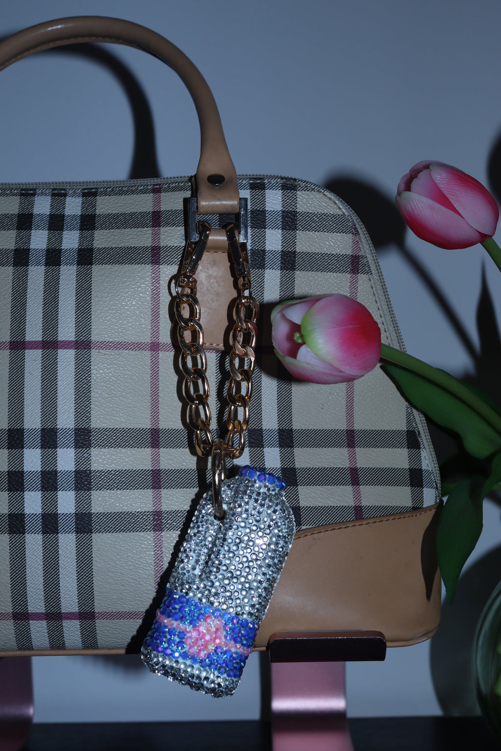 PINT OF MILK SILVER BLUE AND PINK BAG CHARM - RHINESTONE - GOLD CHAIN - DELTA OF PHOENIX