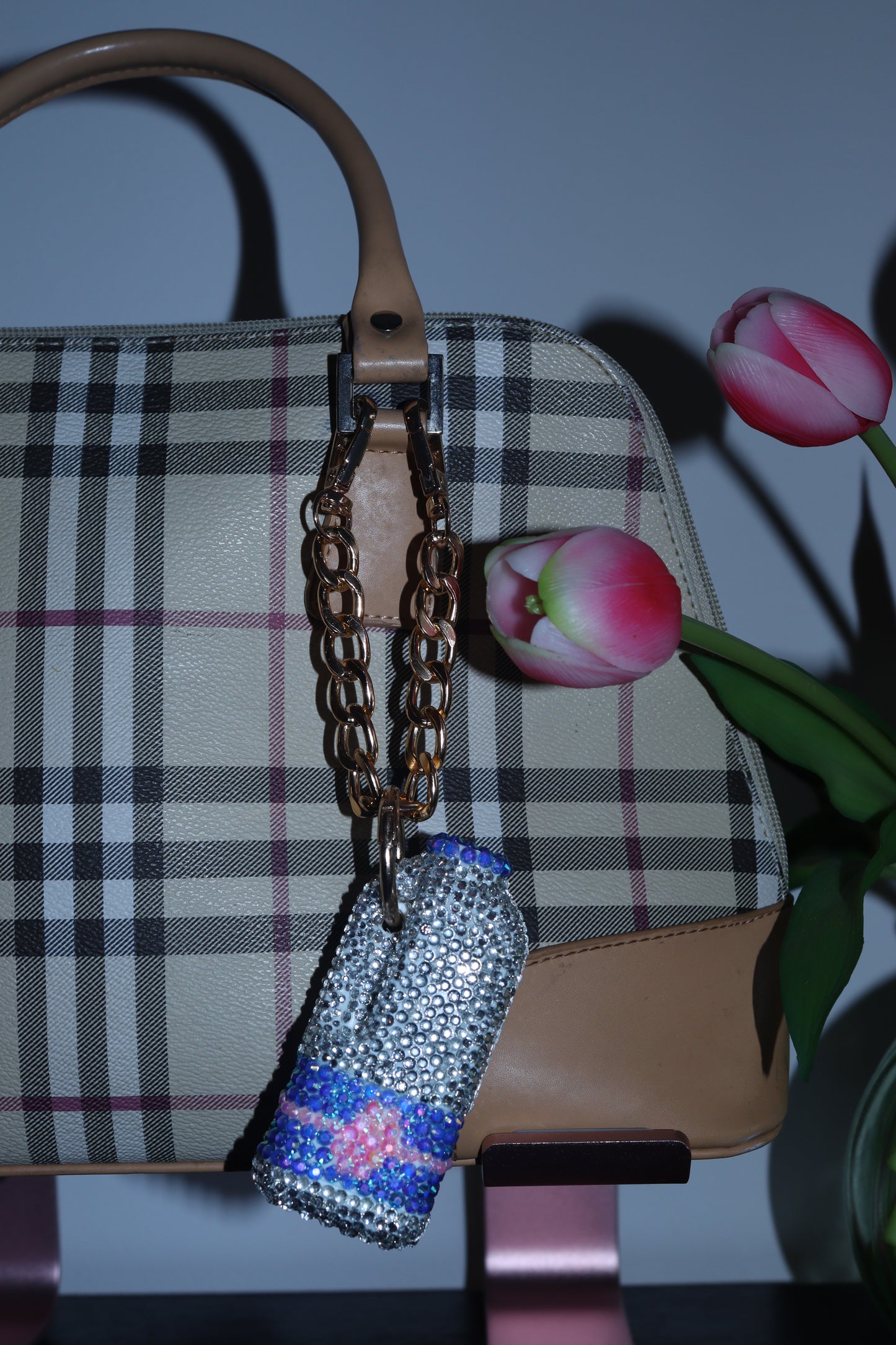 PINT OF MILK SILVER BLUE AND PINK BAG CHARM - RHINESTONE - GOLD CHAIN - DELTA OF PHOENIX