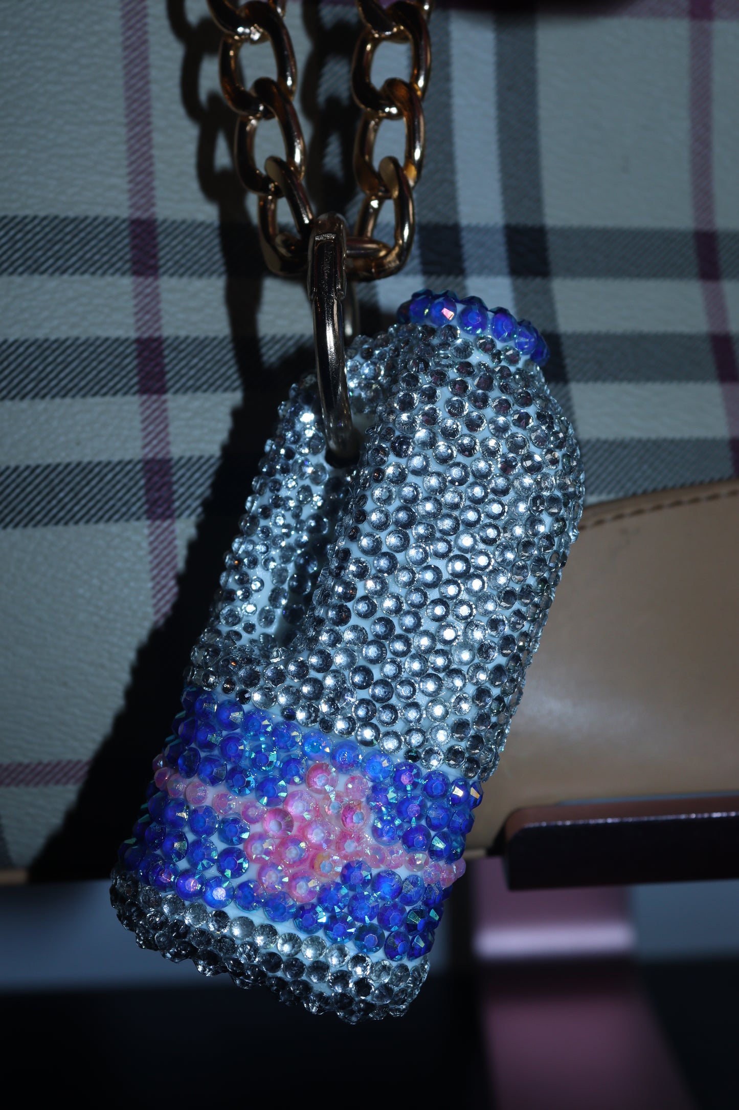 PINT OF MILK SILVER BLUE AND PINK BAG CHARM - RHINESTONE - GOLD CHAIN - DELTA OF PHOENIX