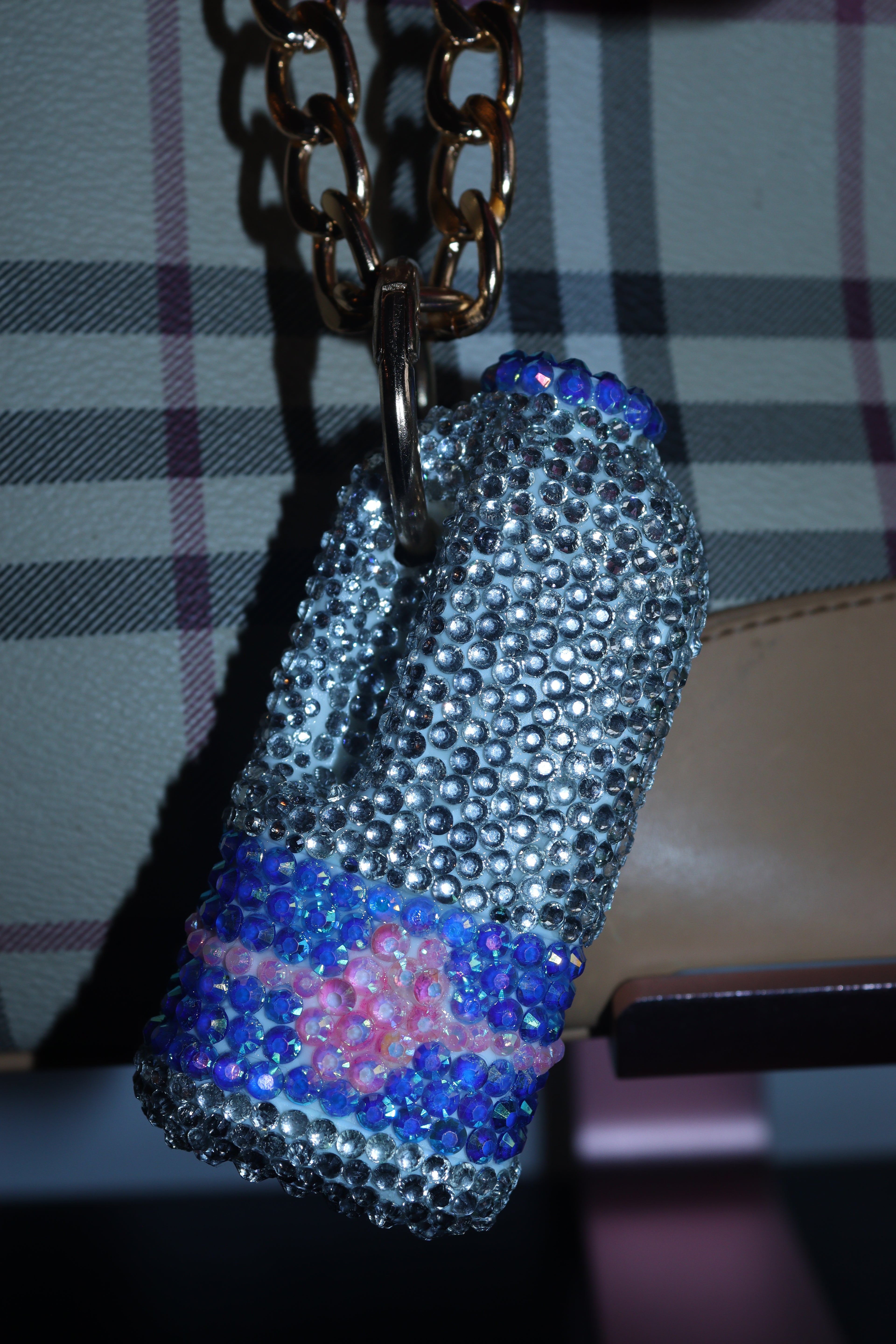 PINT OF MILK SILVER BLUE AND PINK BAG CHARM - RHINESTONE - GOLD CHAIN - DELTA OF PHOENIX