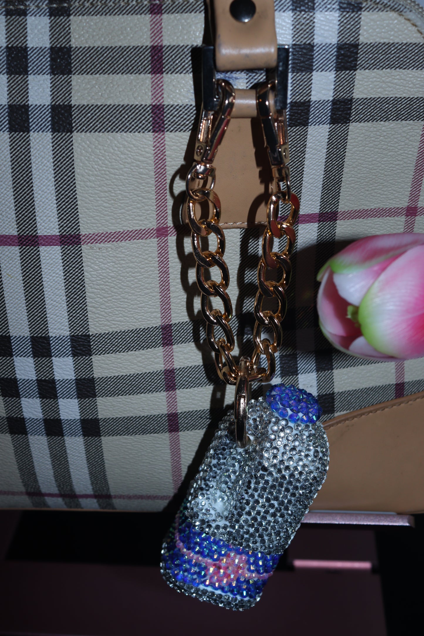PINT OF MILK SILVER BLUE AND PINK BAG CHARM - RHINESTONE - GOLD CHAIN - DELTA OF PHOENIX