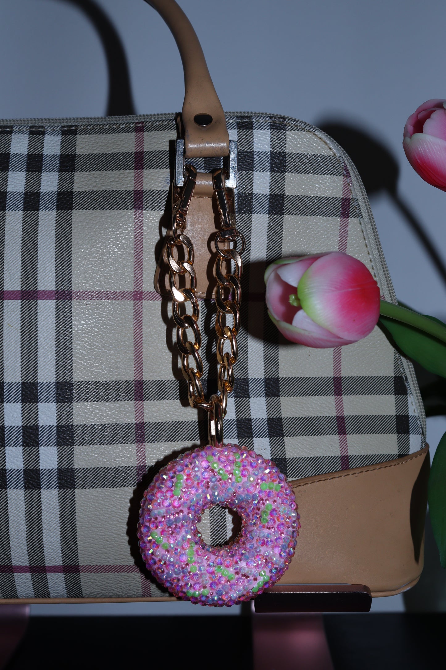 PINK DONUT BAG CHARM - RHINESTONE - GOLD CHAIN - DELTA OF PHOENIX