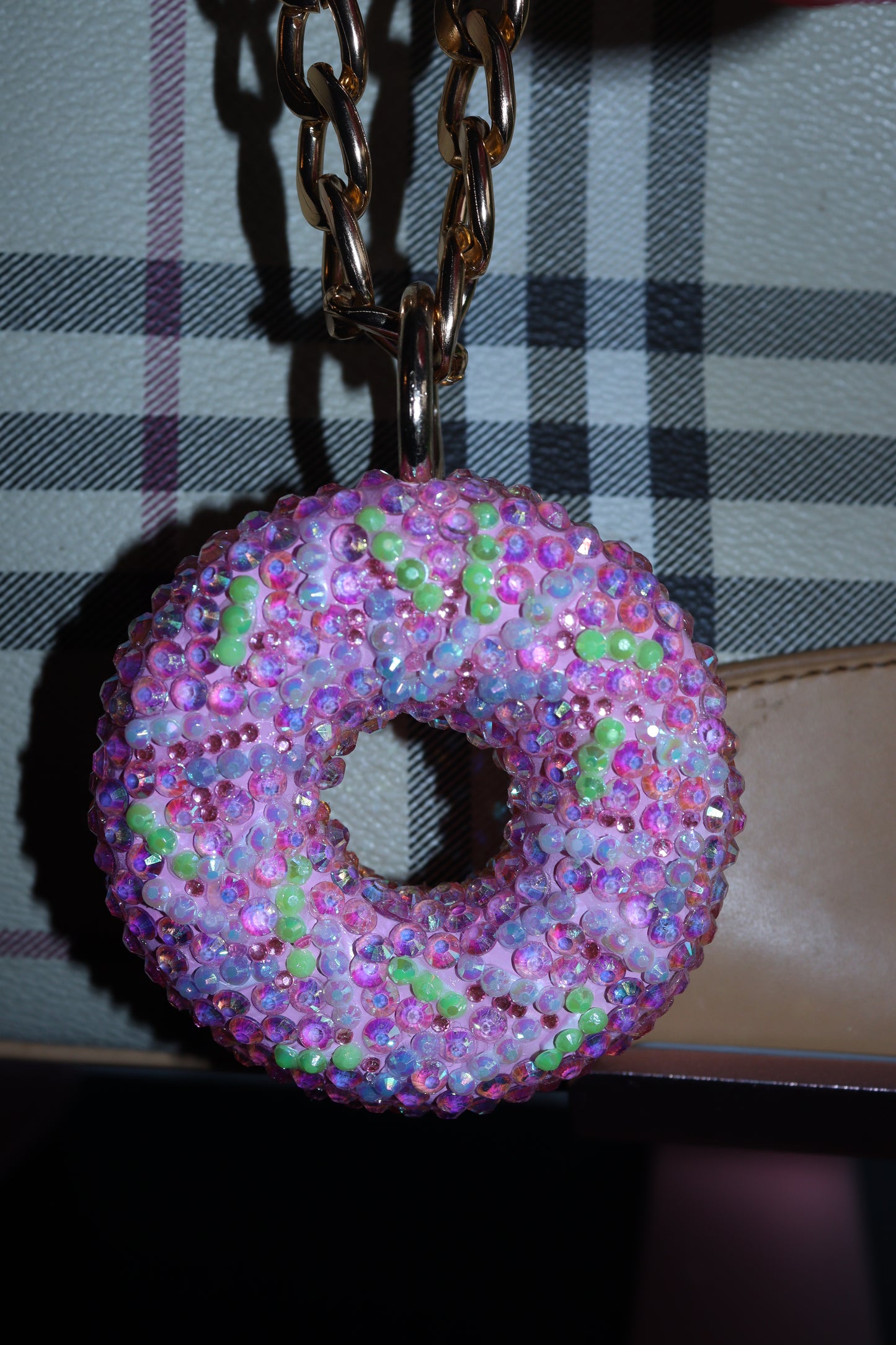 PINK DONUT BAG CHARM - RHINESTONE - GOLD CHAIN - DELTA OF PHOENIX