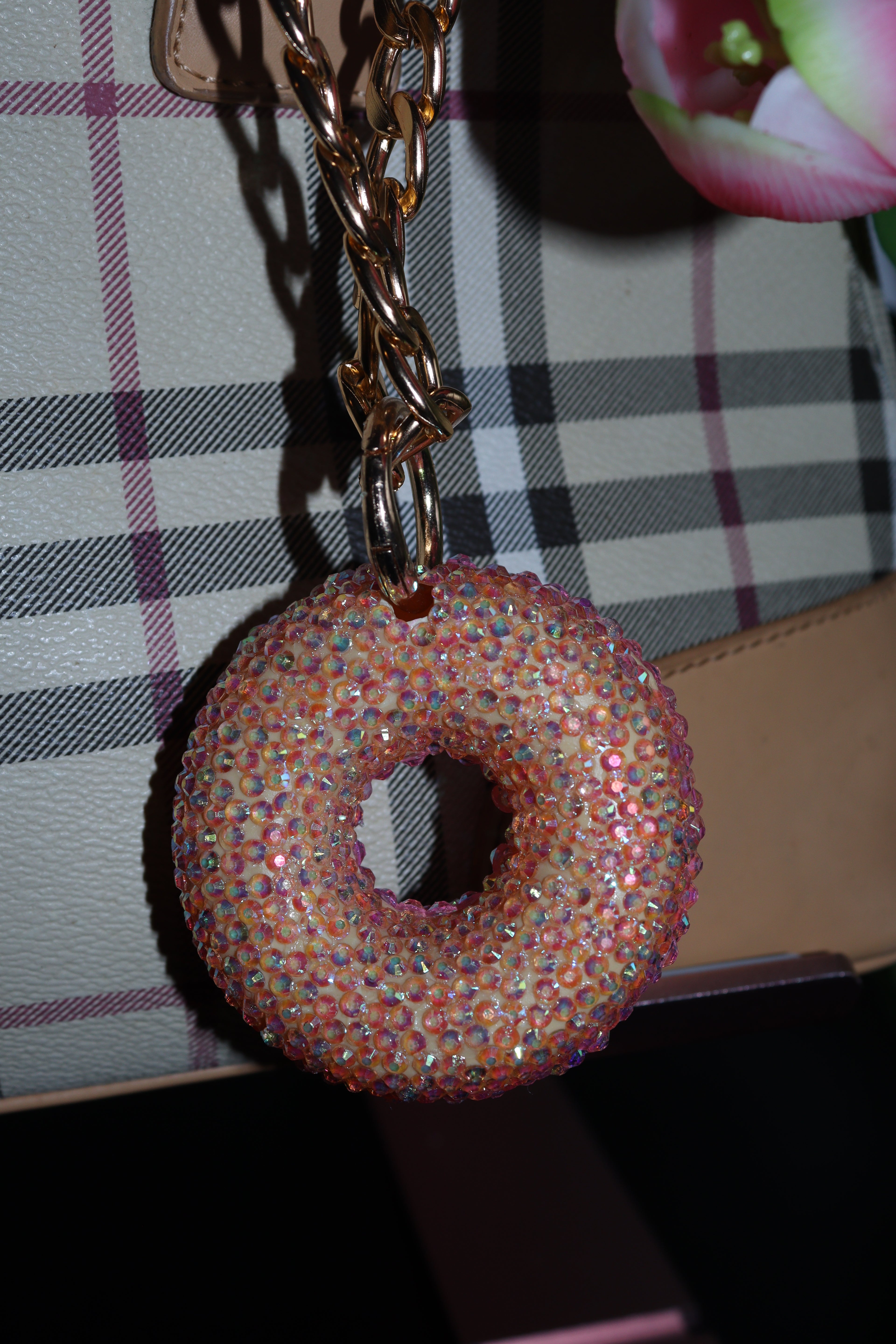 PINK DONUT BAG CHARM - RHINESTONE - GOLD CHAIN - DELTA OF PHOENIX