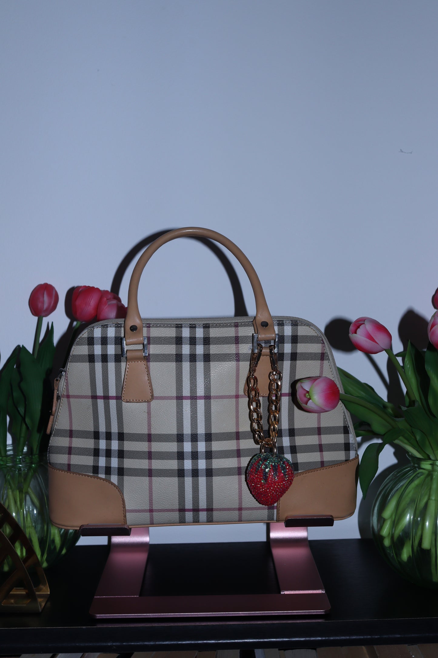 STRAWBERRY BAG CHARM - RHINESTONE - GOLD CHAIN - DELTA OF PHOENIX