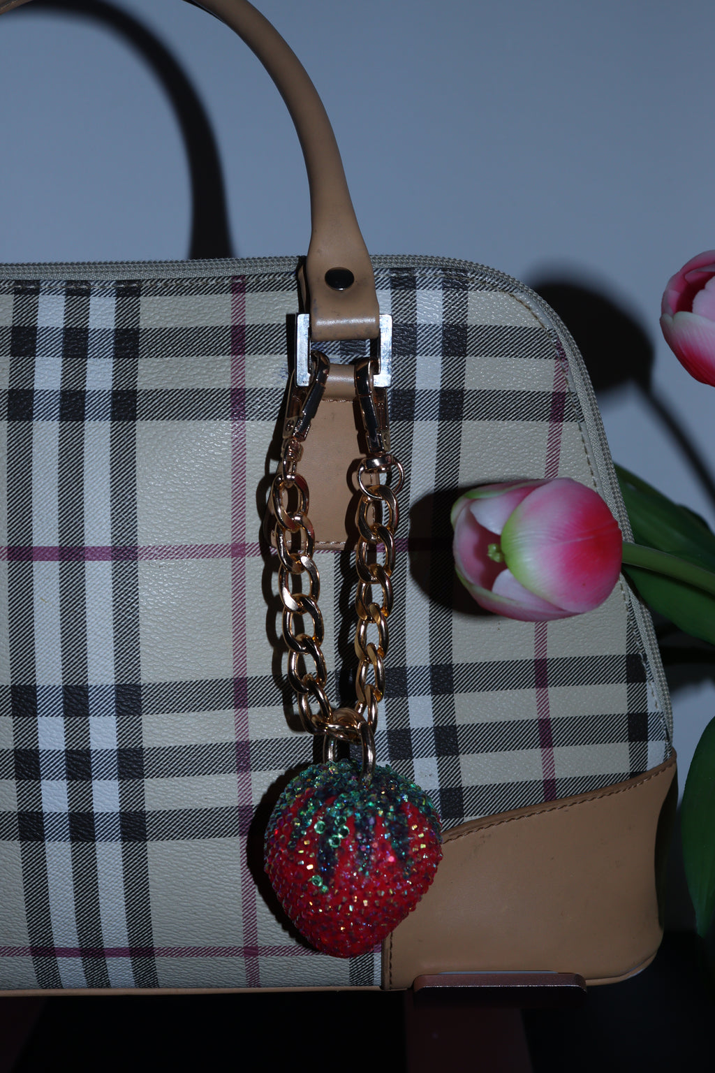 STRAWBERRY BAG CHARM - RHINESTONE - GOLD CHAIN - DELTA OF PHOENIX