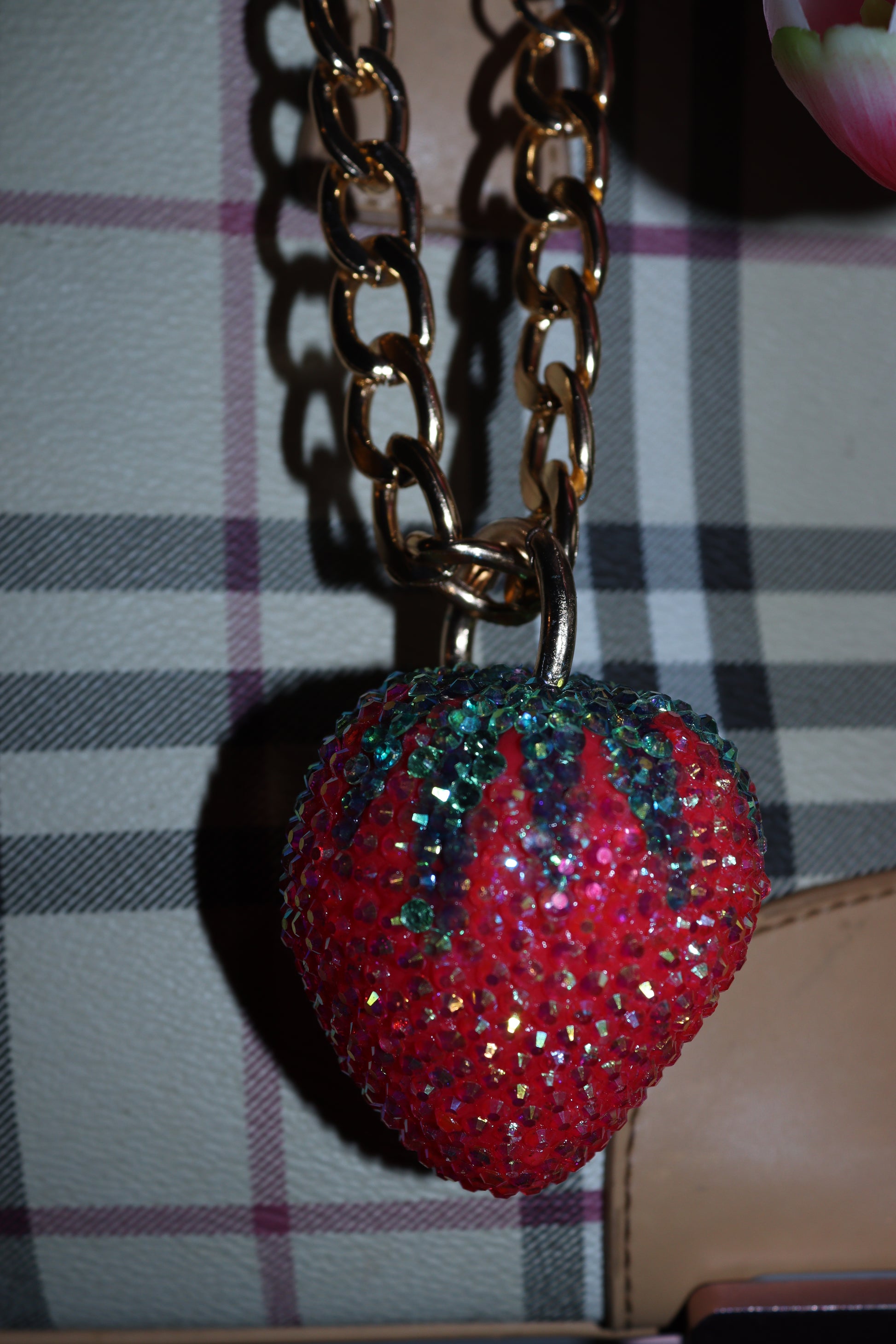 STRAWBERRY BAG CHARM - RHINESTONE - GOLD CHAIN - DELTA OF PHOENIX
