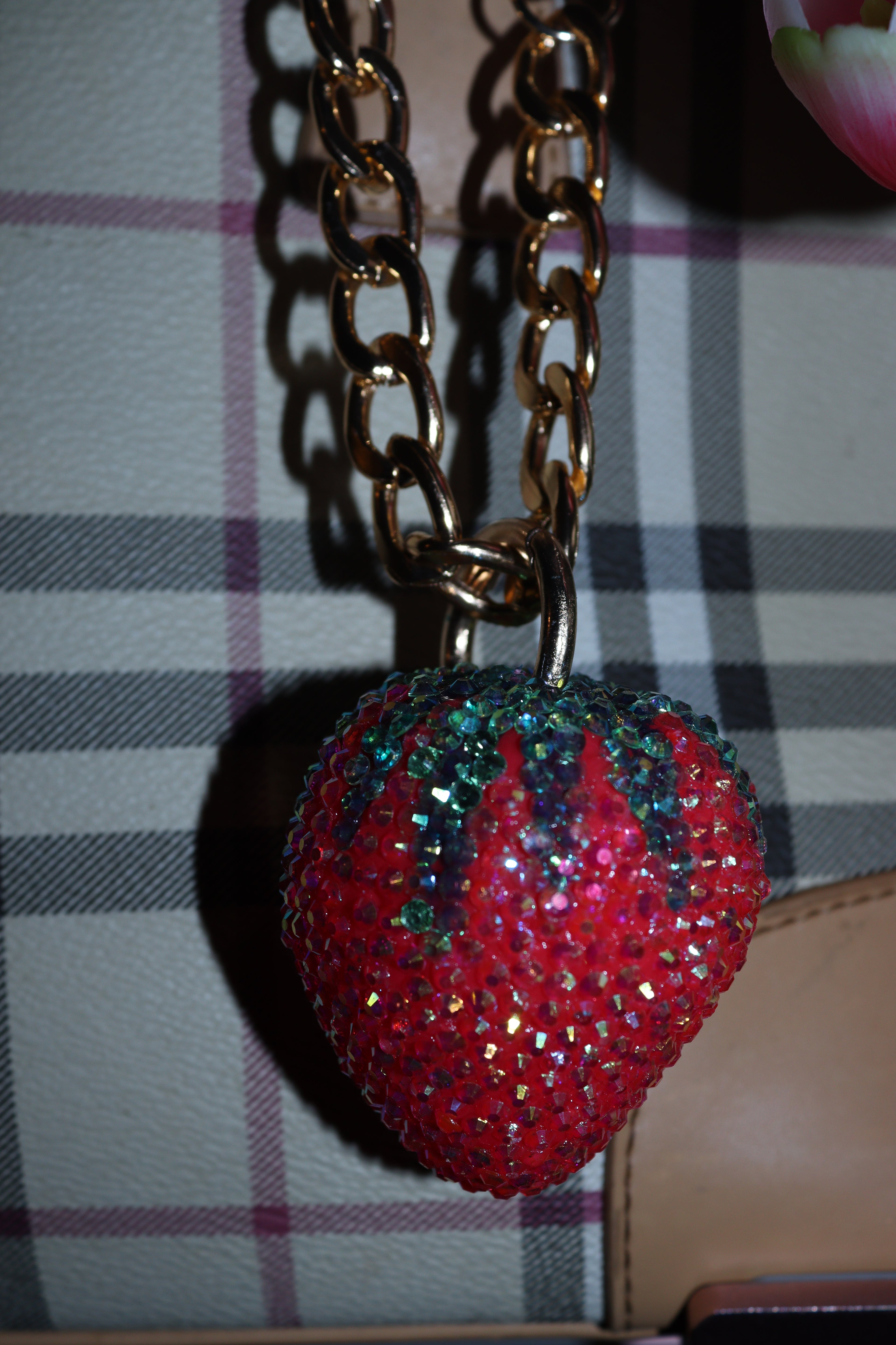 STRAWBERRY BAG CHARM - RHINESTONE - GOLD CHAIN - DELTA OF PHOENIX