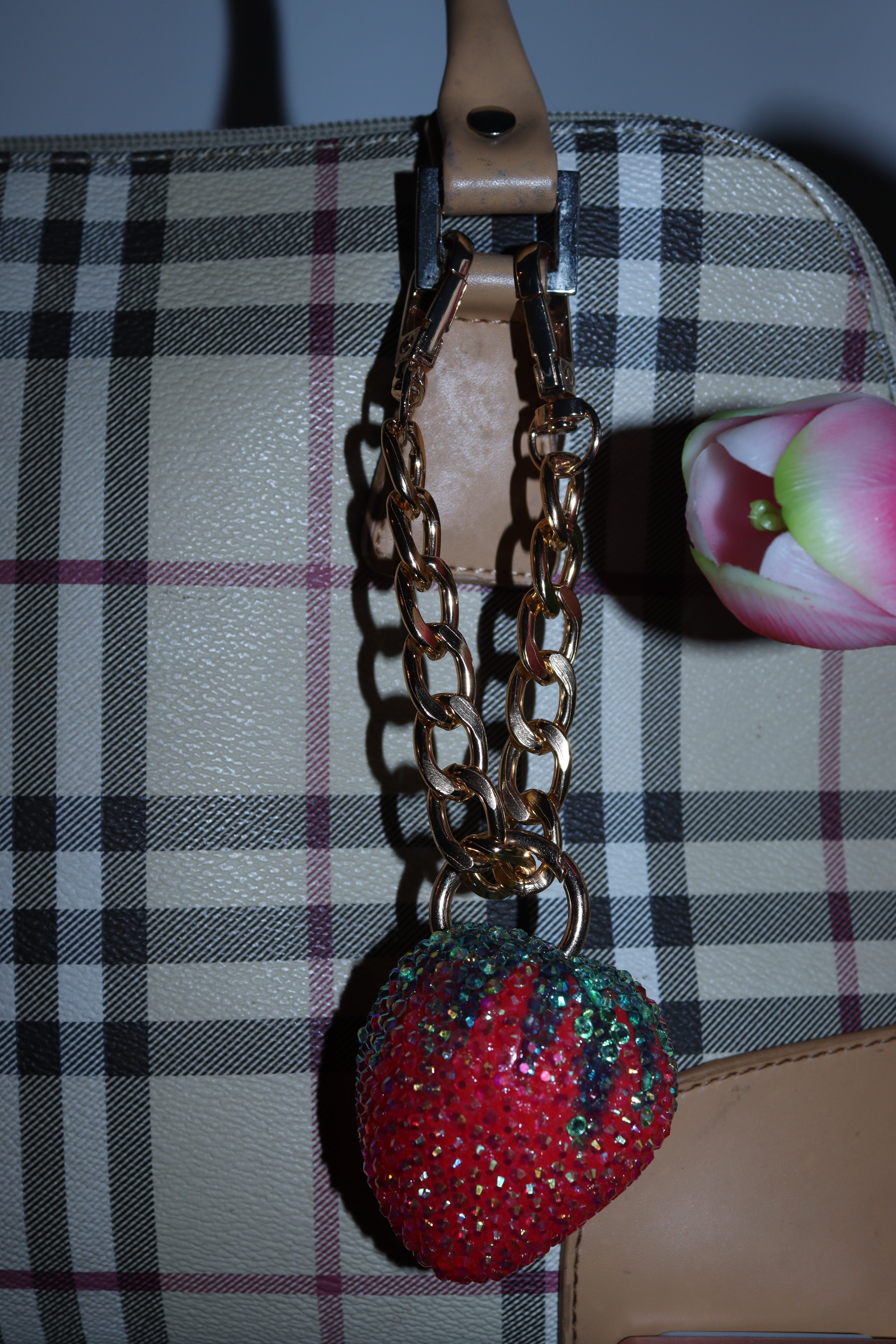 STRAWBERRY BAG CHARM - RHINESTONE - GOLD CHAIN - DELTA OF PHOENIX