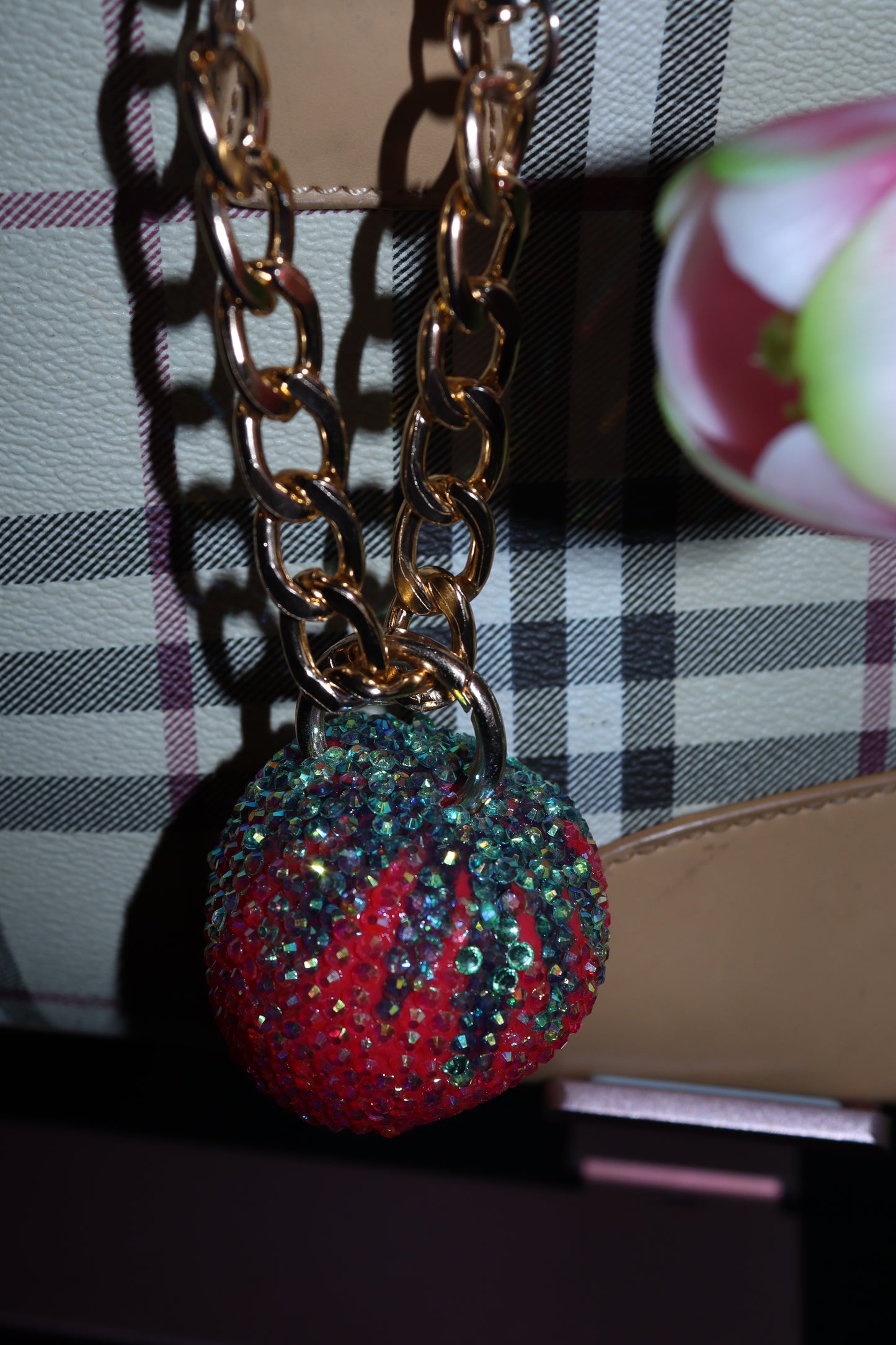 STRAWBERRY BAG CHARM - RHINESTONE - GOLD CHAIN - DELTA OF PHOENIX