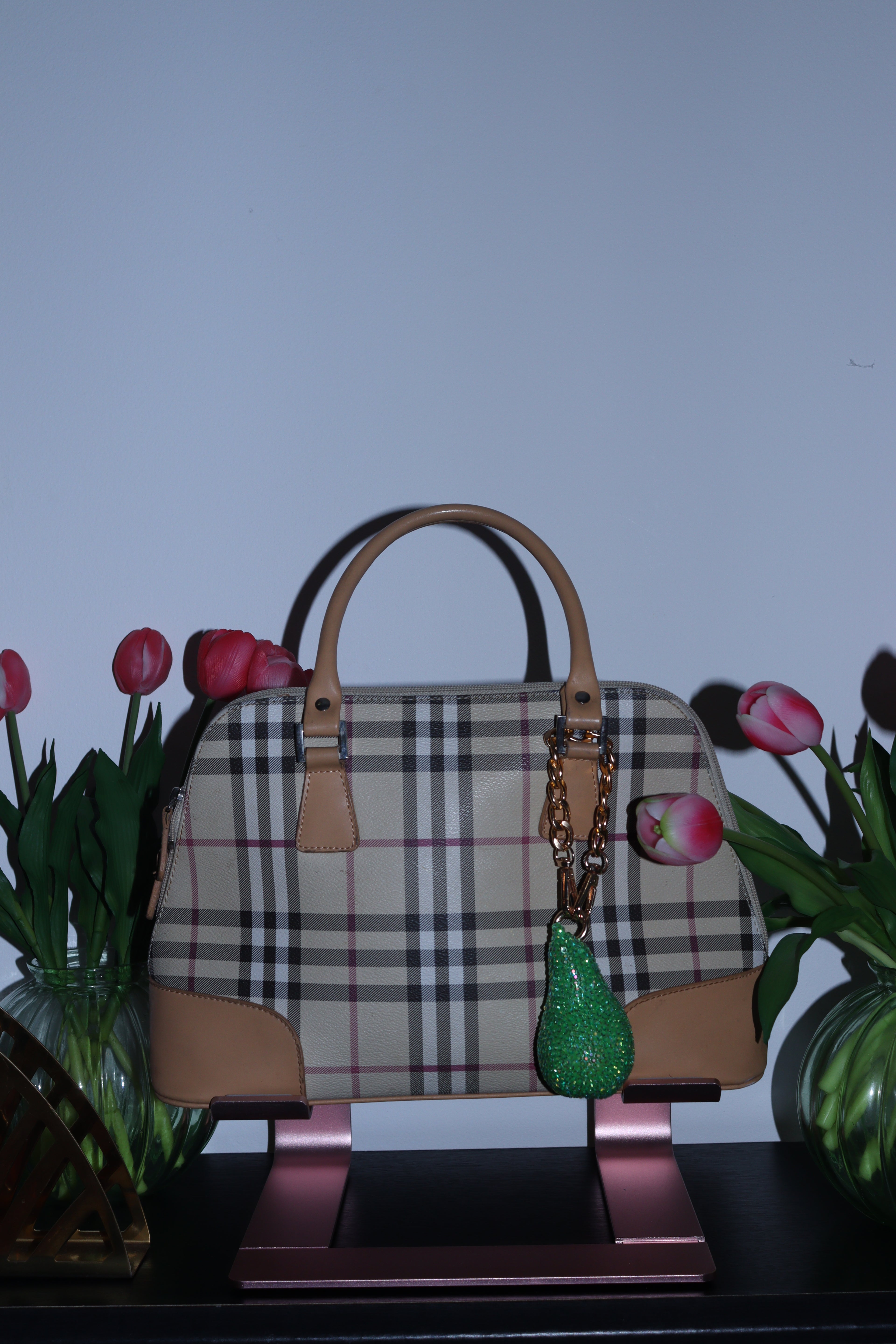 GREEN PEAR BAG CHARM - RHINESTONE - GOLD CHAIN - DELTA OF PHOENIX