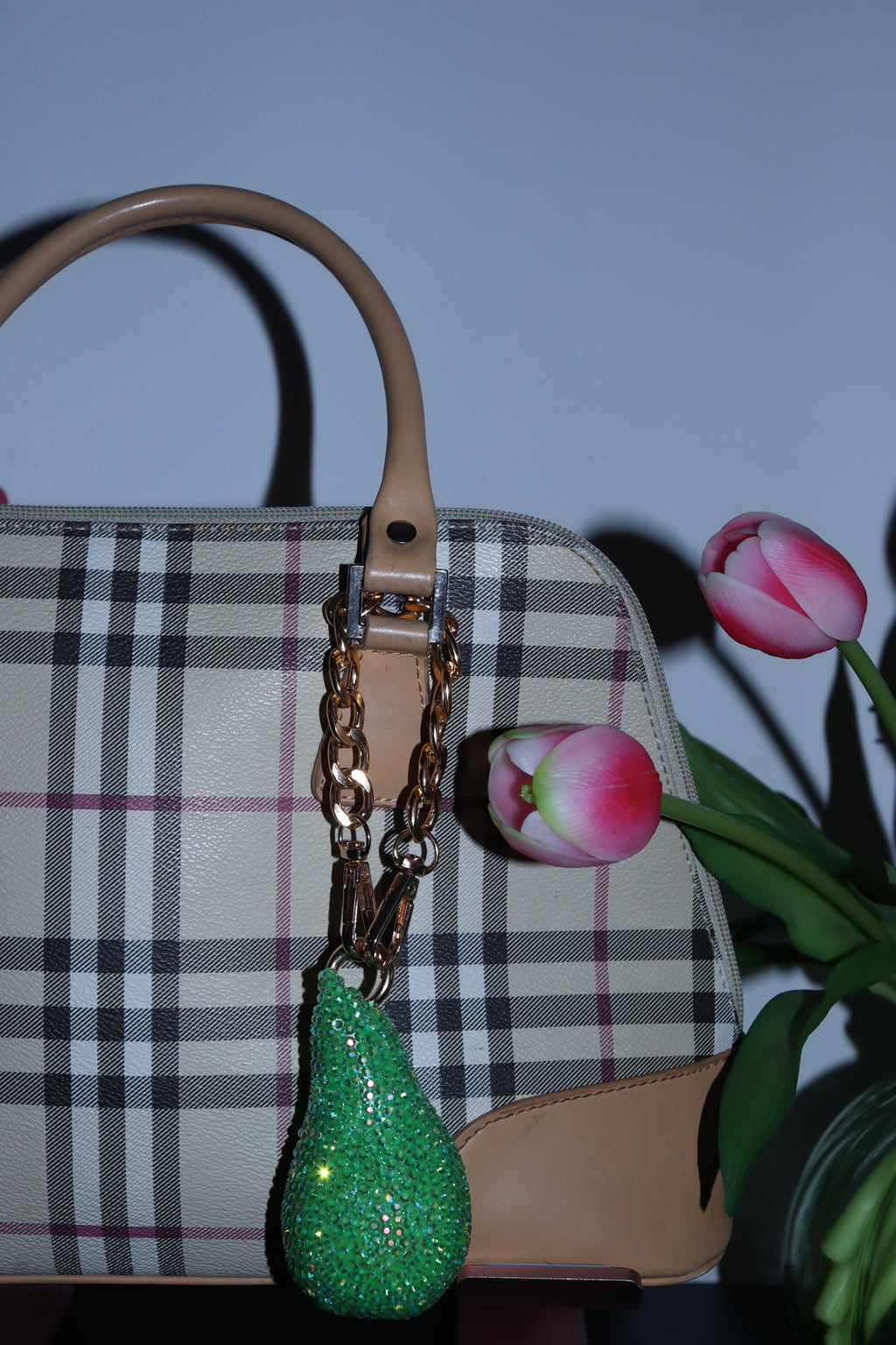 GREEN PEAR BAG CHARM - RHINESTONE - GOLD CHAIN - DELTA OF PHOENIX