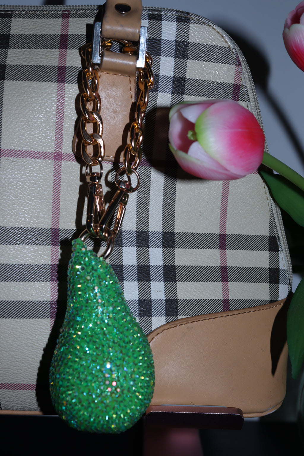 GREEN PEAR BAG CHARM - RHINESTONE - GOLD CHAIN - DELTA OF PHOENIX