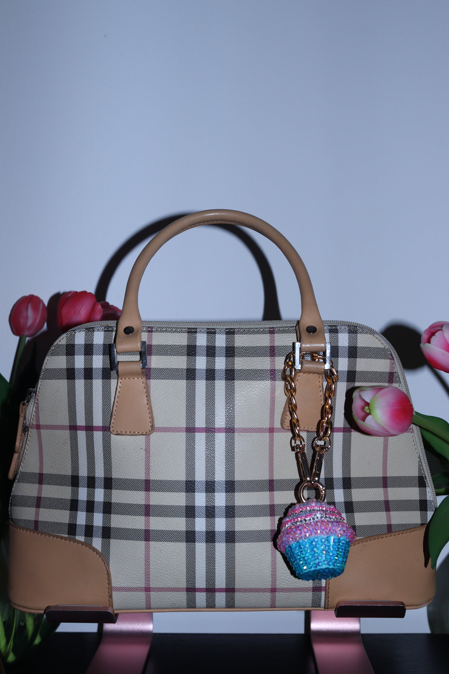 PINK AND BLUE CUPCAKE BAG CHARM - RHINESTONE - GOLD CHAIN - DELTA OF PHOENIX