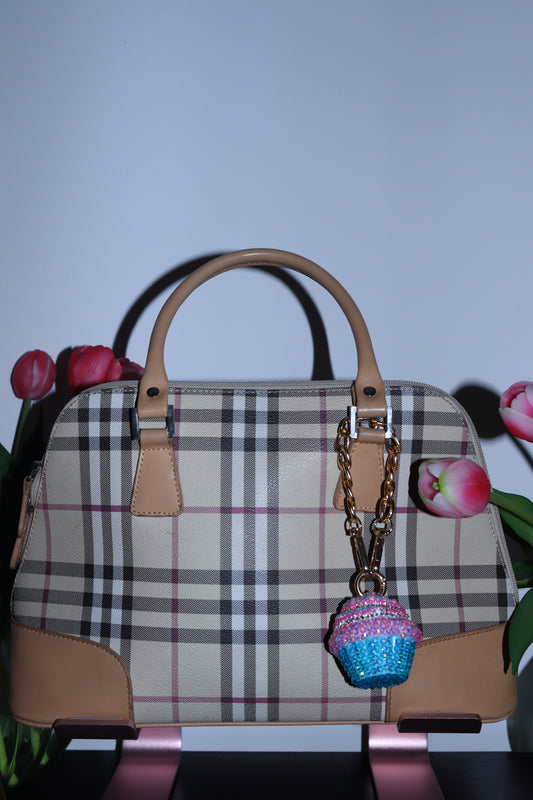 PINK AND BLUE CUPCAKE BAG CHARM - RHINESTONE - GOLD CHAIN - DELTA OF PHOENIX