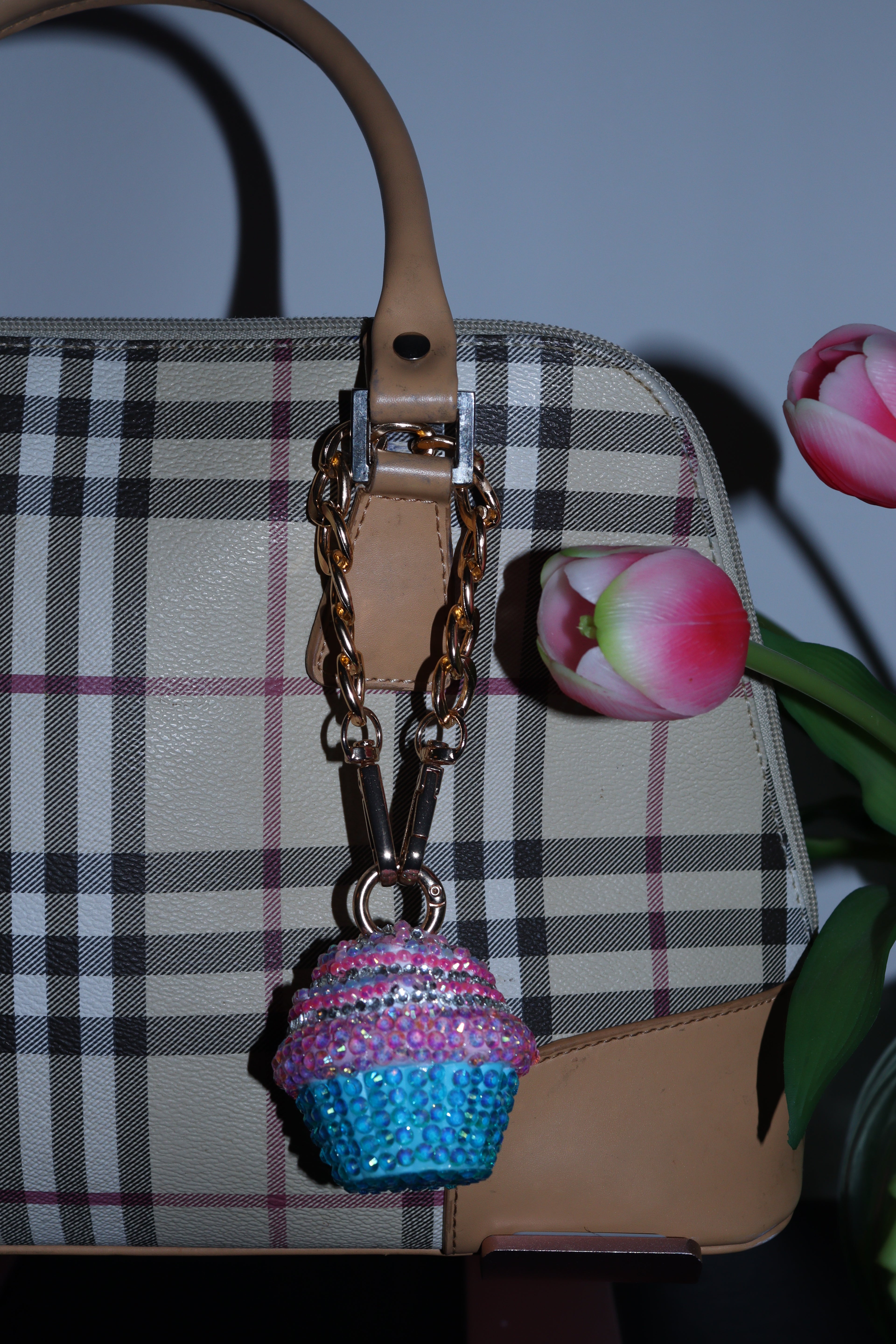 PINK AND BLUE CUPCAKE BAG CHARM - RHINESTONE - GOLD CHAIN - DELTA OF PHOENIX