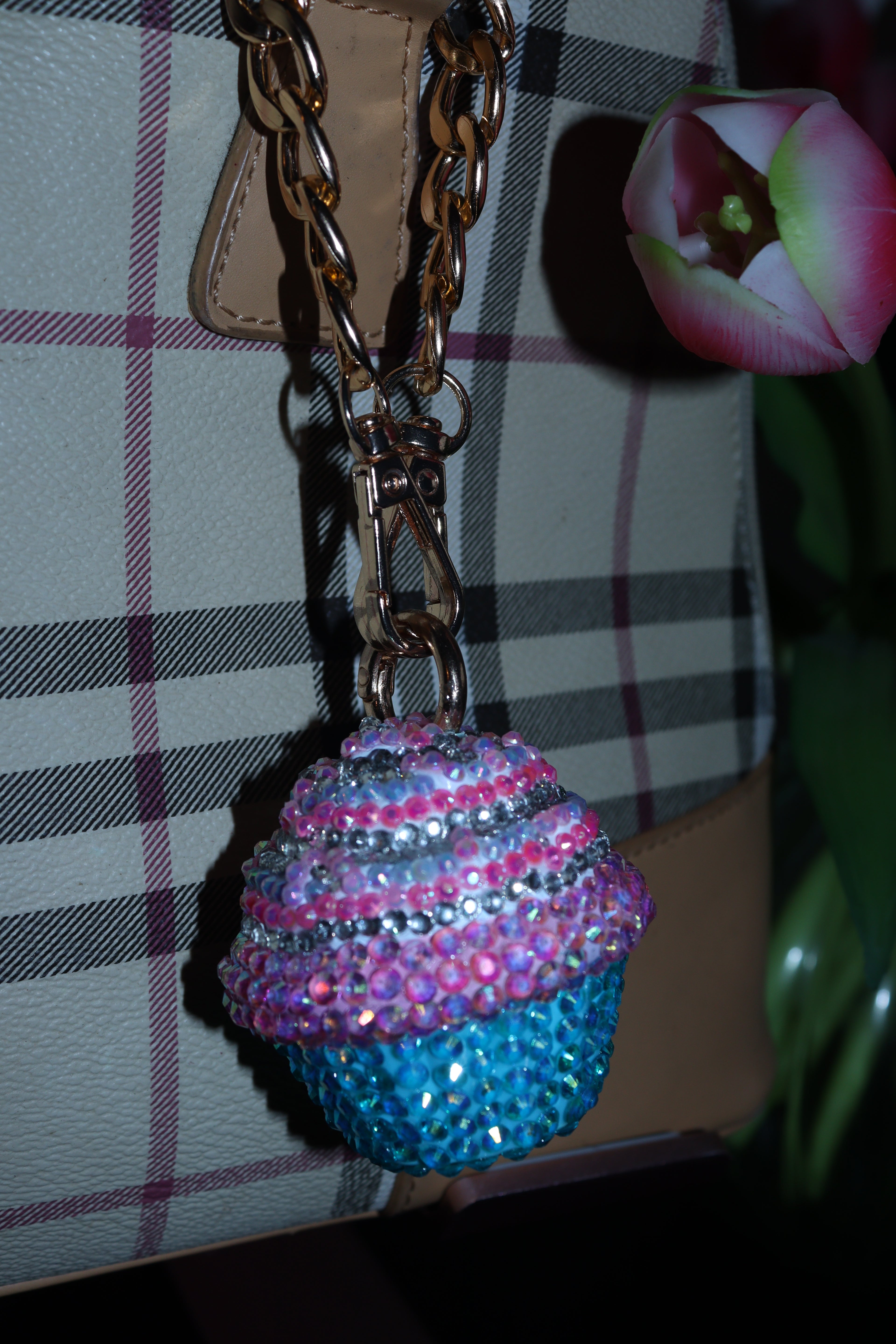 PINK AND BLUE CUPCAKE BAG CHARM - RHINESTONE - GOLD CHAIN - DELTA OF PHOENIX