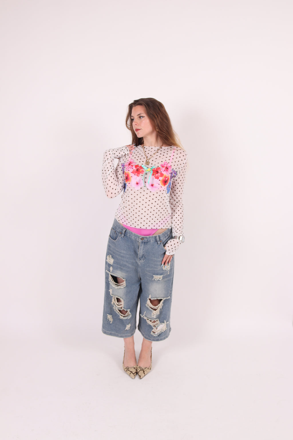 BACHI ✧ Polka Dot + Hibiscus Mesh Top