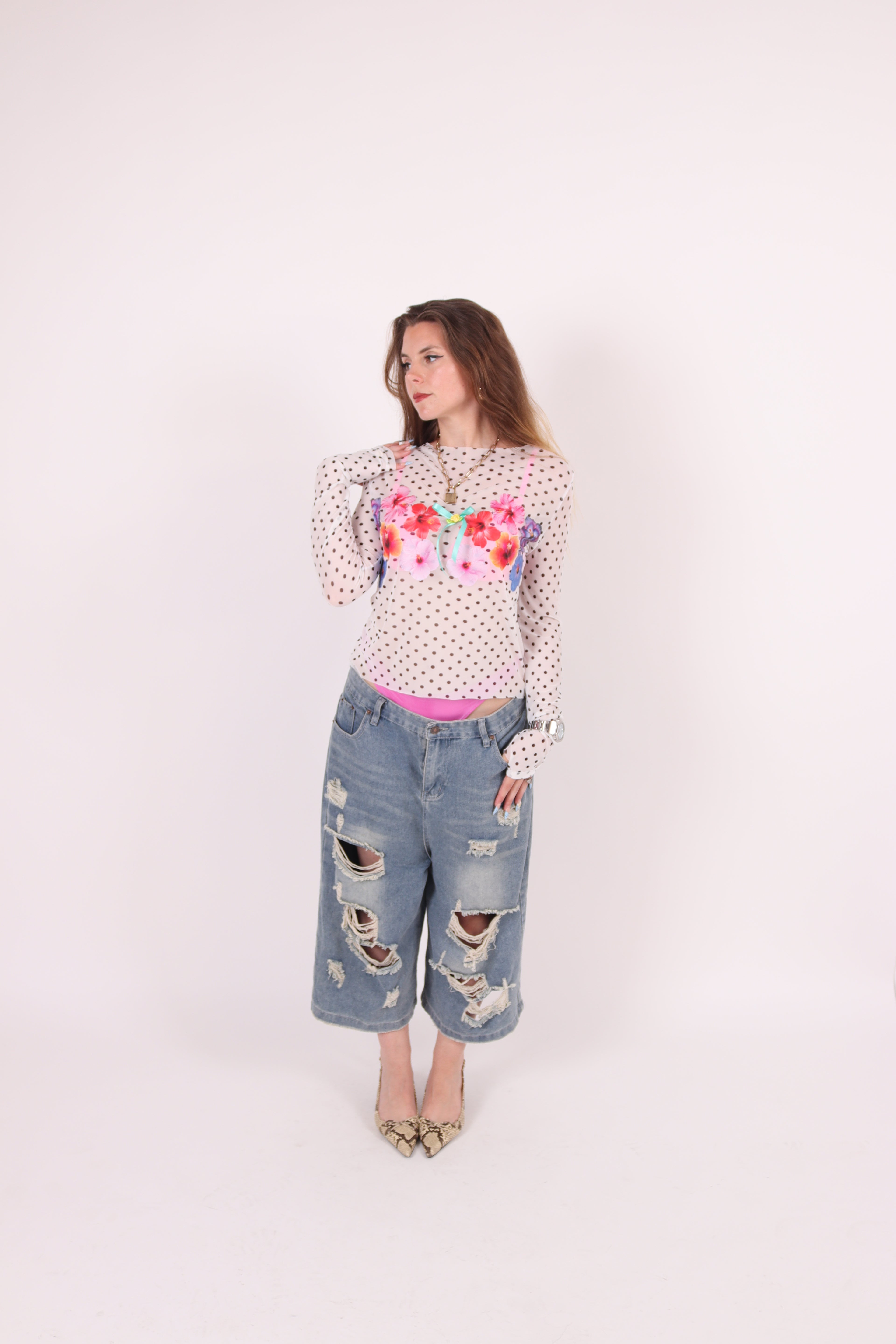 BACHI ✧ Polka Dot + Hibiscus Mesh Top