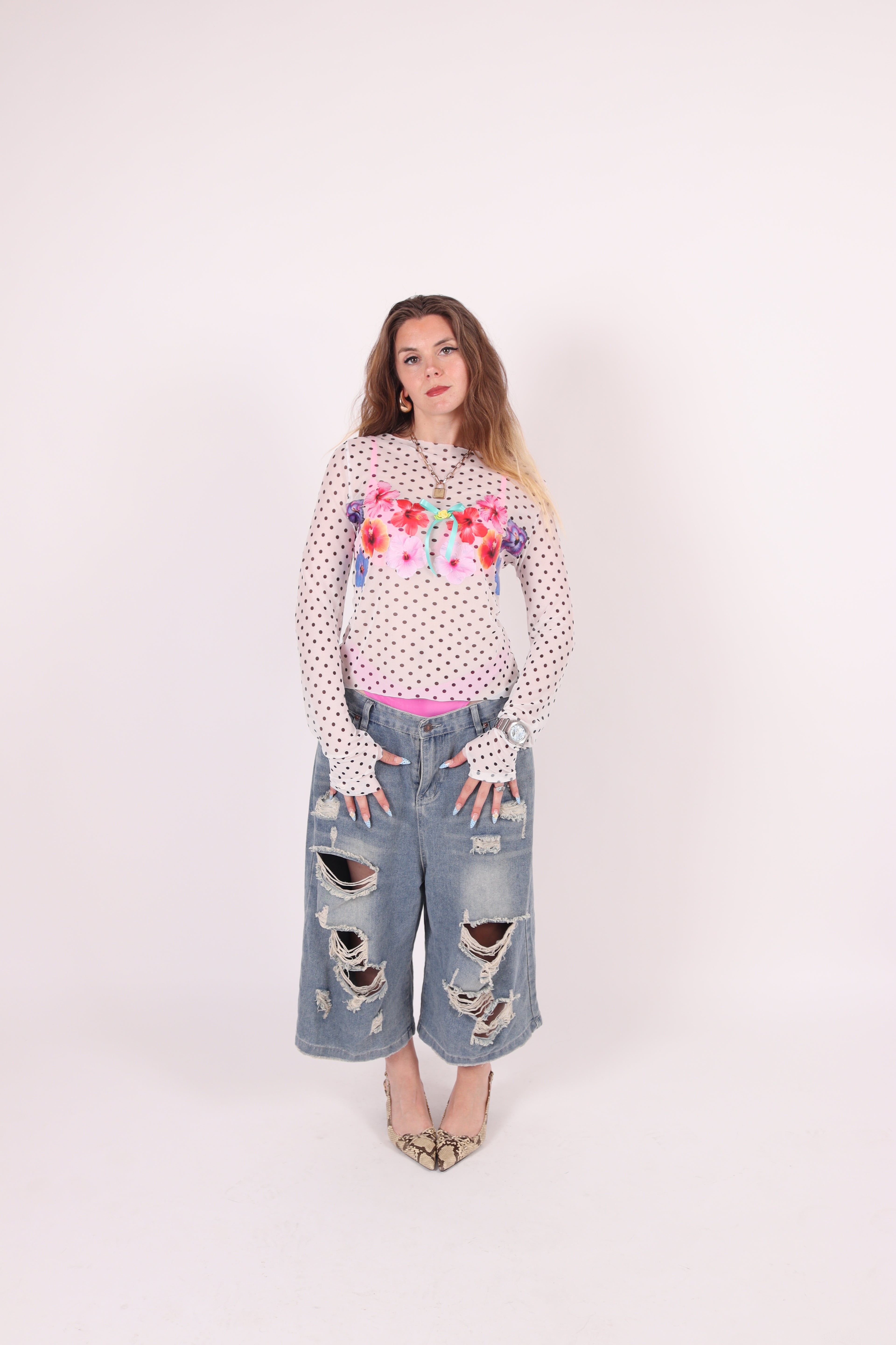 BACHI ✧ Polka Dot + Hibiscus Mesh Top